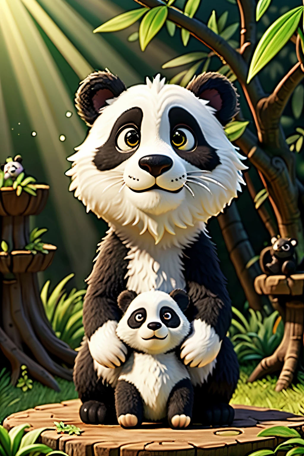 Amidst the lush greenery of the forest, a majestic panda stands next to a gnarled stump, his iconic black and white fur contrasting strikingly against the verdant backdrop. The younger panda, with her soft, doll-like features and playful expression, gazes up at the elder panda with adoration in her round, sparkling eyes. Intricately detailed wrinkles adorn the old panda's face, reflecting years of wisdom and experiences. His paw, massive yet gentle, reaches out towards the younger one in a tender gesture of guidance and protection. Sunbeams filter through the dense foliage above, casting golden highlights on the