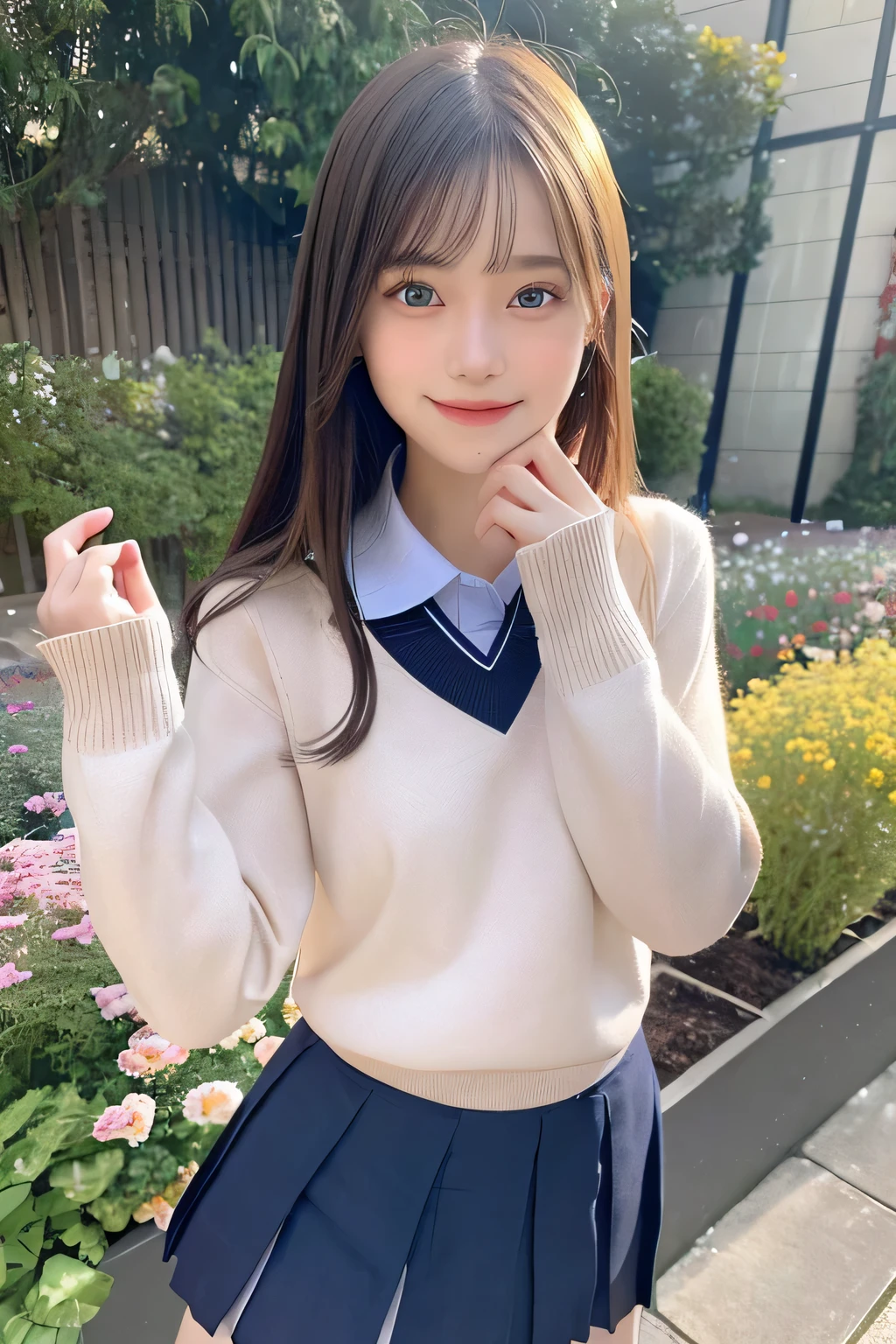pieces fly、masterpiece、highest quality、Super detailed、High resolution、High resolution、8K portrait、unity 8k wallpaper、Detailed CG、unity 8k wallpaper、Detailed CGユニティ8kの壁紙、realistic、real person、portrait photography、shiny skin、(25 years old:1.2)、High resolution、beautiful clear eyes、very detailed explanation、delicate face、nice lips、thin waist、thin legs、1 girl、(garden:1.3)、(school uniform:1.4)、(cutter shirt:1.2)、(sweater:1.2)、(navy pleated skirt:1.3)、(big smile:1.2)、(take a pose:1.4)、small breasts