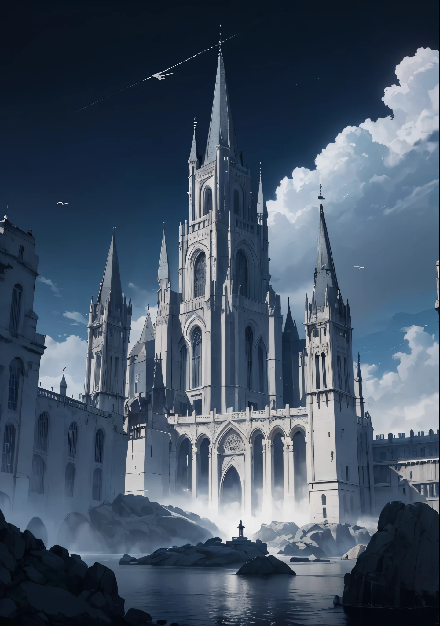 (Black and white marble gothic style building),panoramic镜头,masterpiece, concept art, panoramic,Close-up of the vista,Royal palace castle on the mountain,Western fantasy style,Normandy Civilization Style,(The combination of magic and technology,Black and white marble style building), fantasy theme,flying dragon,The top of the gray mountain,City,Sky,The place where three rivers meet,Sky中的flying dragon,Volumetric lighting, global illumination, HD