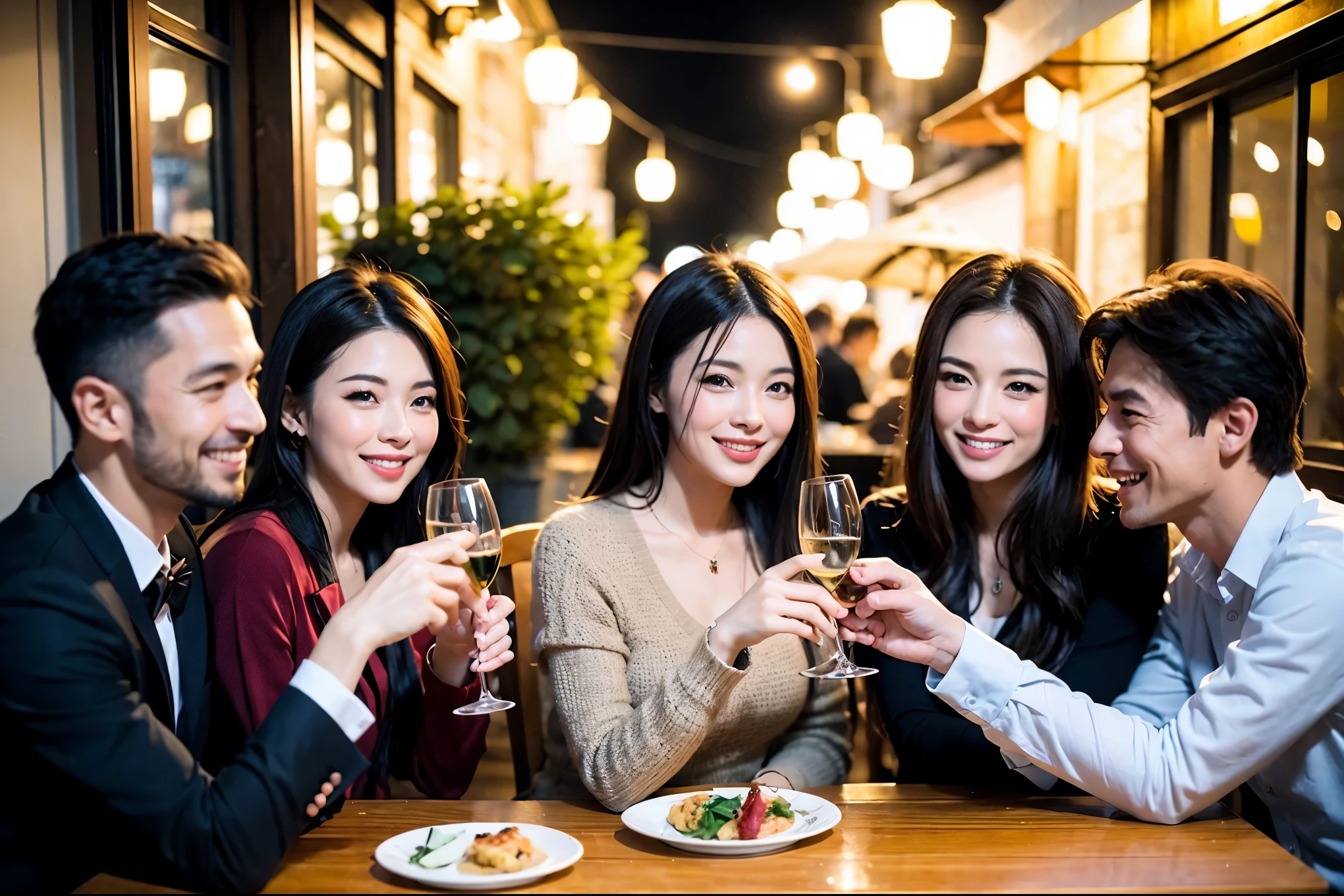 64k, UHD, highest quality, masterpiece: 1.2), (realistic, photorealistic: 1.37), Super detailed, celebration party、beauty、beautiful mature woman、3 women who love wine、Three Men、champagne、Sparkling wine、winter night、restaurantでワイン宴会、(slimな男女4名),(Wine party for 5 people)、(slimフェイス),Happy、 最高なsmile、Fox Face、Raccoon face、Berry Short、(because I'thin), (brown hair), (shortcut), long sleeve shirt、winter fashion、Colombia、Brazilian、Japanese、Dutch、German、Portuguese、Belgian、Italian、french, (gushing), (slimボティ), (brown hair), (shortcut), 端正なbeauty、cheeks blush a little, (41 years old), 38 years old, 35 years old、32 years old、27 years old、 A beautiful and detailed night view spreads out outside the window....., restaurant, wine glassが座っている, At night, in a prominent place (from the Upper body) nova frog style, actress, model, Upper body, White wine, slim, wine glass, Very beautiful night view, wine glass Put in the Middle, Happy smile, (smile: 1.15),