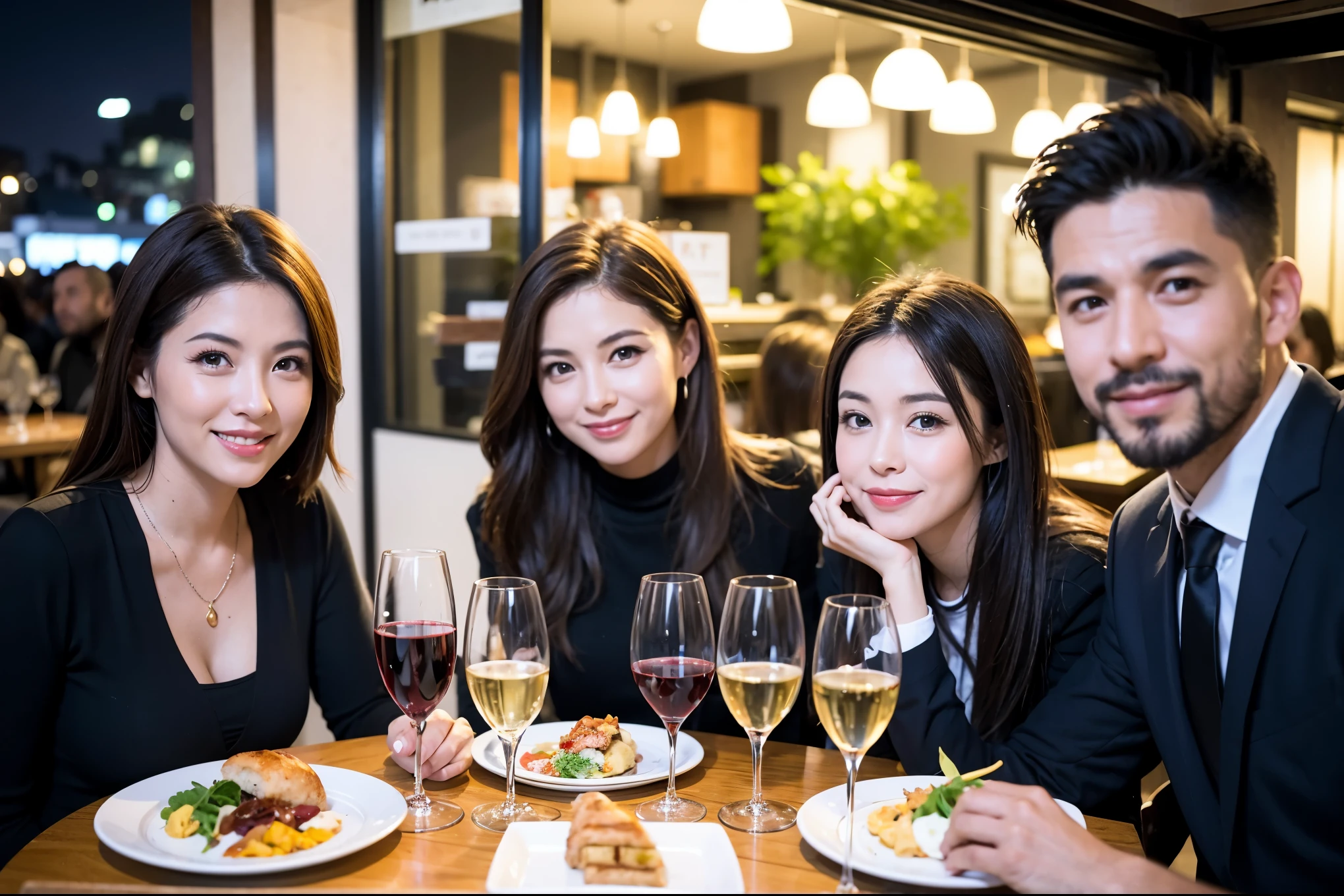 64k, UHD, highest quality, masterpiece: 1.2), (realistic, photorealistic: 1.37), Super detailed, celebration party、beauty、beautiful mature woman、3 women who love wine、Three Men、champagne、Sparkling wine、winter night、restaurantでワイン宴会、(slimな男女4名),(Wine party for 5 people)、(slimフェイス),Happy、 最高なsmile、Fox Face、Raccoon face、Berry Short、(because I&#39;thin), (brown hair), (shortcut), long sleeve shirt、winter fashion、Colombia、Brazilian、Japanese、Dutch、German、Portuguese、Belgian、Italian、french, (gushing), (slimボティ), (brown hair), (shortcut), 端正なbeauty、cheeks blush a little, (41 years old), 38 years old, 35 years old、32 years old、27 years old、 A beautiful and detailed night view spreads out outside the window....., restaurant, wine glassが座っている, At night, in a prominent place (from the Upper body) nova frog style, actress, model, Upper body, White wine, slim, wine glass, Very beautiful night view, wine glass Put in the Middle, Happy smile, (smile: 1.15), 