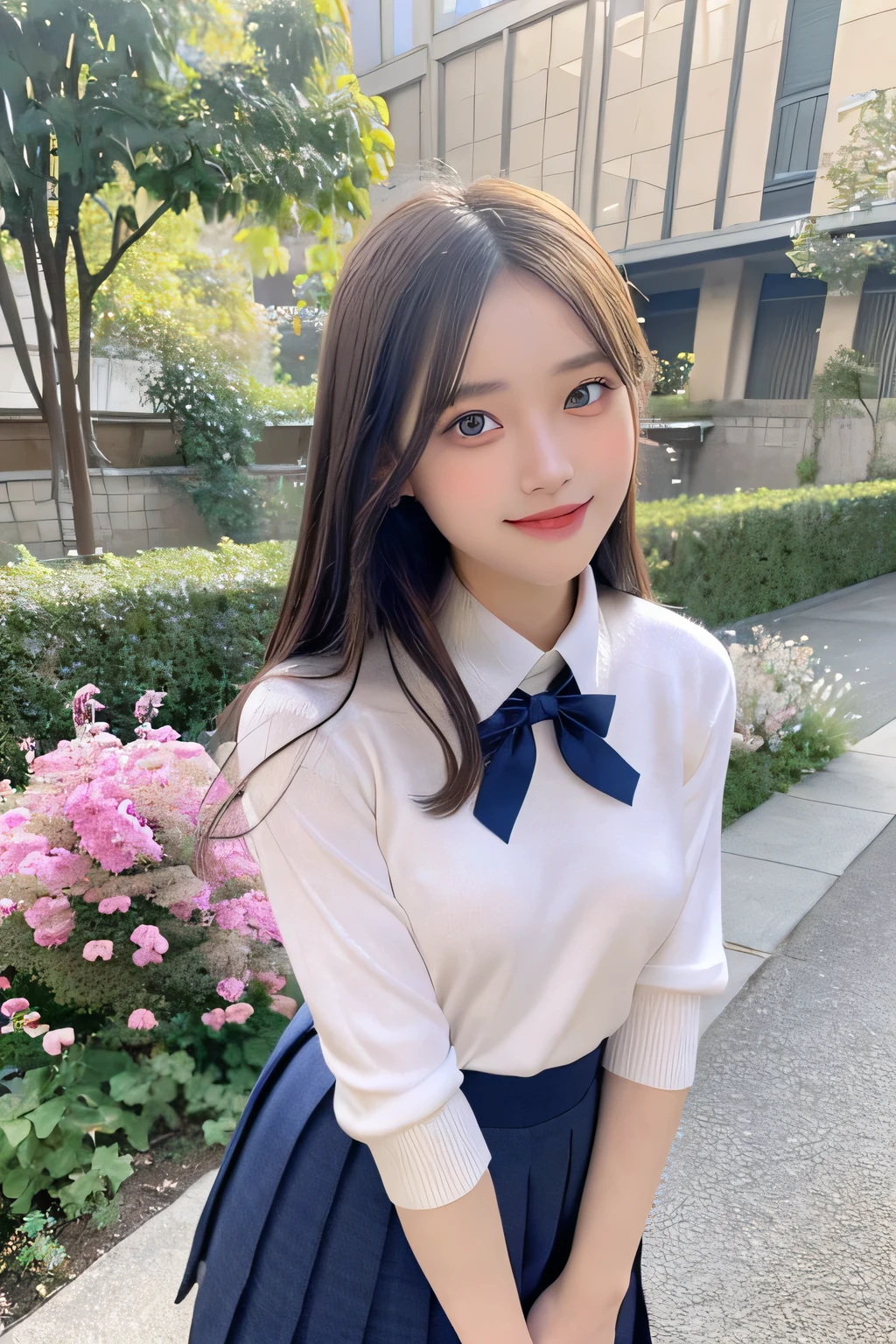 pieces fly、masterpiece、highest quality、Super detailed、High resolution、High resolution、8K portrait、unity 8k wallpaper、Detailed CG、unity 8k wallpaper、Detailed CGユニティ8kの壁紙、realistic、real person、portrait photography、shiny skin、(25 years old:1.2)、High resolution、beautiful clear eyes、very detailed explanation、delicate face、nice lips、thin waist、thin legs、1 girl、(garden:1.3)、(school uniform:1.4)、(cutter shirt:1.2)、(sweater:1.2)、(navy pleated skirt:1.3)、(big smile)、(take a pose:1.4)、(small breasts:1.2)