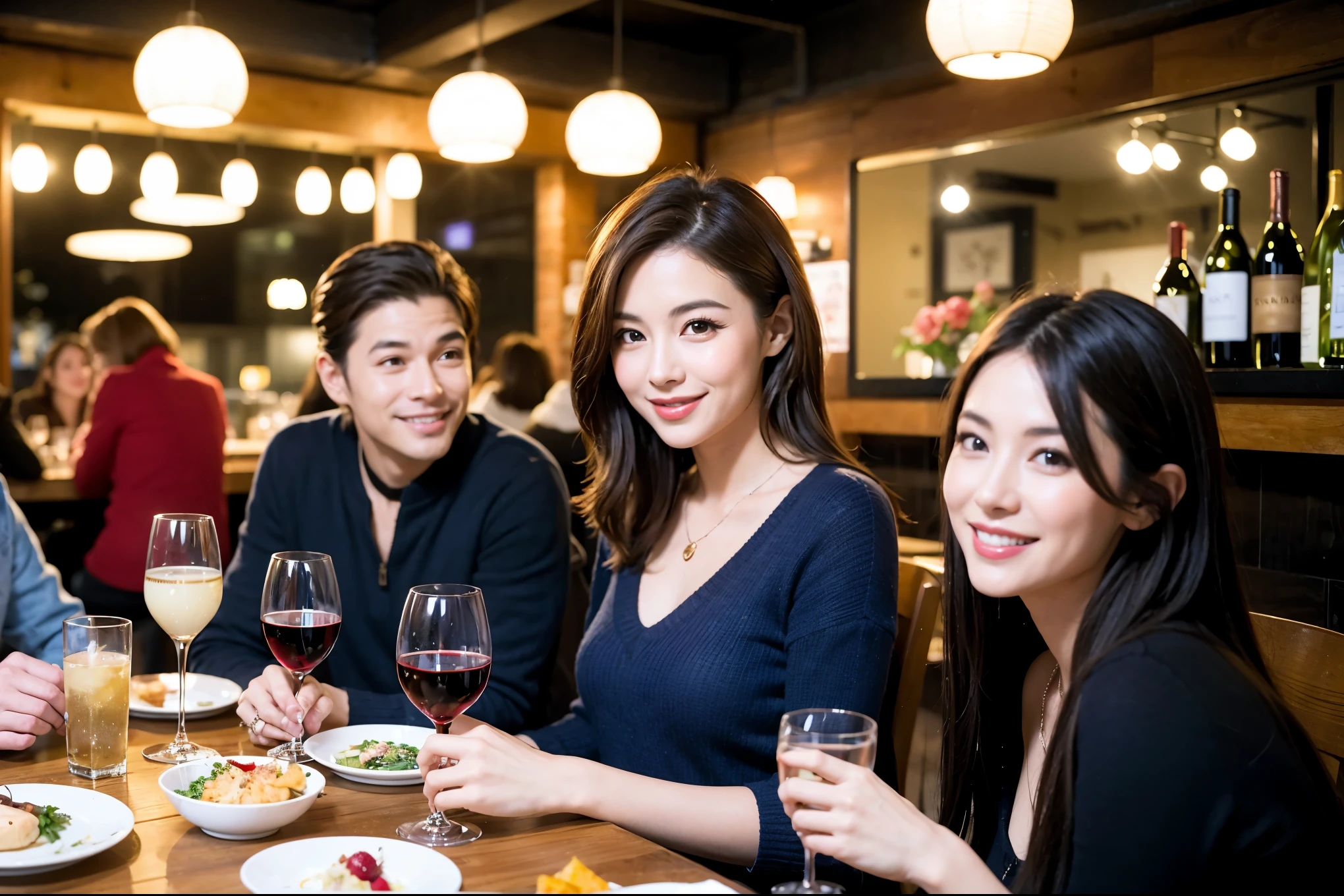 64k, UHD, highest quality, masterpiece: 1.2), (realistic, photorealistic: 1.37), Super detailed, celebration party、beauty、beautiful mature woman、3 women who love wine、Three Men、champagne、Sparkling wine、winter night、restaurantでワイン宴会、(slimな男女4名),(Wine party for 5 people)、(slimフェイス),Happy、 最高なsmile、Fox Face、Raccoon face、Berry Short、(because I'thin), (brown hair), (shortcut), long sleeve shirt、winter fashion、Colombia、Brazilian、Japanese、Dutch、German、Portuguese、Belgian、Italian、french, (gushing), (slimボティ), (brown hair), (shortcut), 端正なbeauty、cheeks blush a little, (41 years old), 38 years old, 35 years old、32 years old、27 years old、 A beautiful and detailed night view spreads out outside the window....., restaurant, wine glassが座っている, At night, in a prominent place (from the Upper body) nova frog style, actress, model, Upper body, White wine, slim, wine glass, Very beautiful night view, wine glass Put in the Middle, Happy smile, (smile: 1.15),