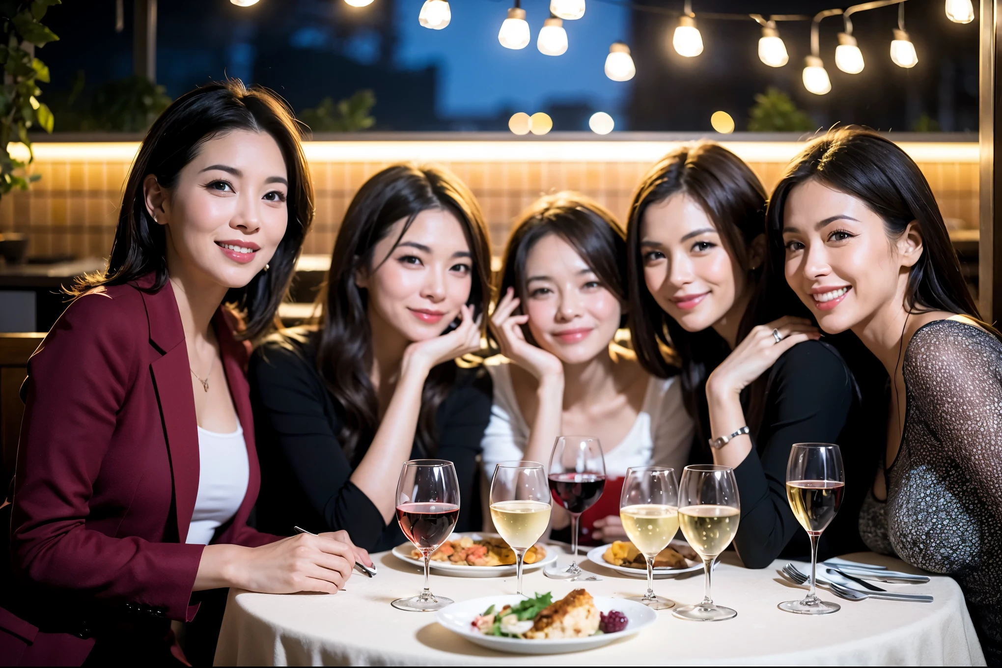 64k, UHD, highest quality, masterpiece: 1.2), (realistic, photorealistic: 1.37), Super detailed, celebration party、beauty、beautiful mature woman、3 women who love wine、Three Men、champagne、Sparkling wine、winter night、restaurantでワイン宴会、(slimな男女4名),(Wine party for 5 people)、(slimフェイス),Happy、 最高なsmile、Fox Face、Raccoon face、Berry Short、(because I&#39;thin), (brown hair), (shortcut), long sleeve shirt、winter fashion、Colombia、Brazilian、Japanese、Dutch、German、Portuguese、Belgian、Italian、french, (gushing), (slimボティ), (brown hair), (shortcut), 端正なbeauty、cheeks blush a little, (41 years old), 38 years old, 35 years old、32 years old、27 years old、 A beautiful and detailed night view spreads out outside the window....., restaurant, wine glassが座っている, At night, in a prominent place (from the Upper body) nova frog style, actress, model, Upper body, White wine, slim, wine glass, Very beautiful night view, wine glass Put in the Middle, Happy smile, (smile: 1.15), 