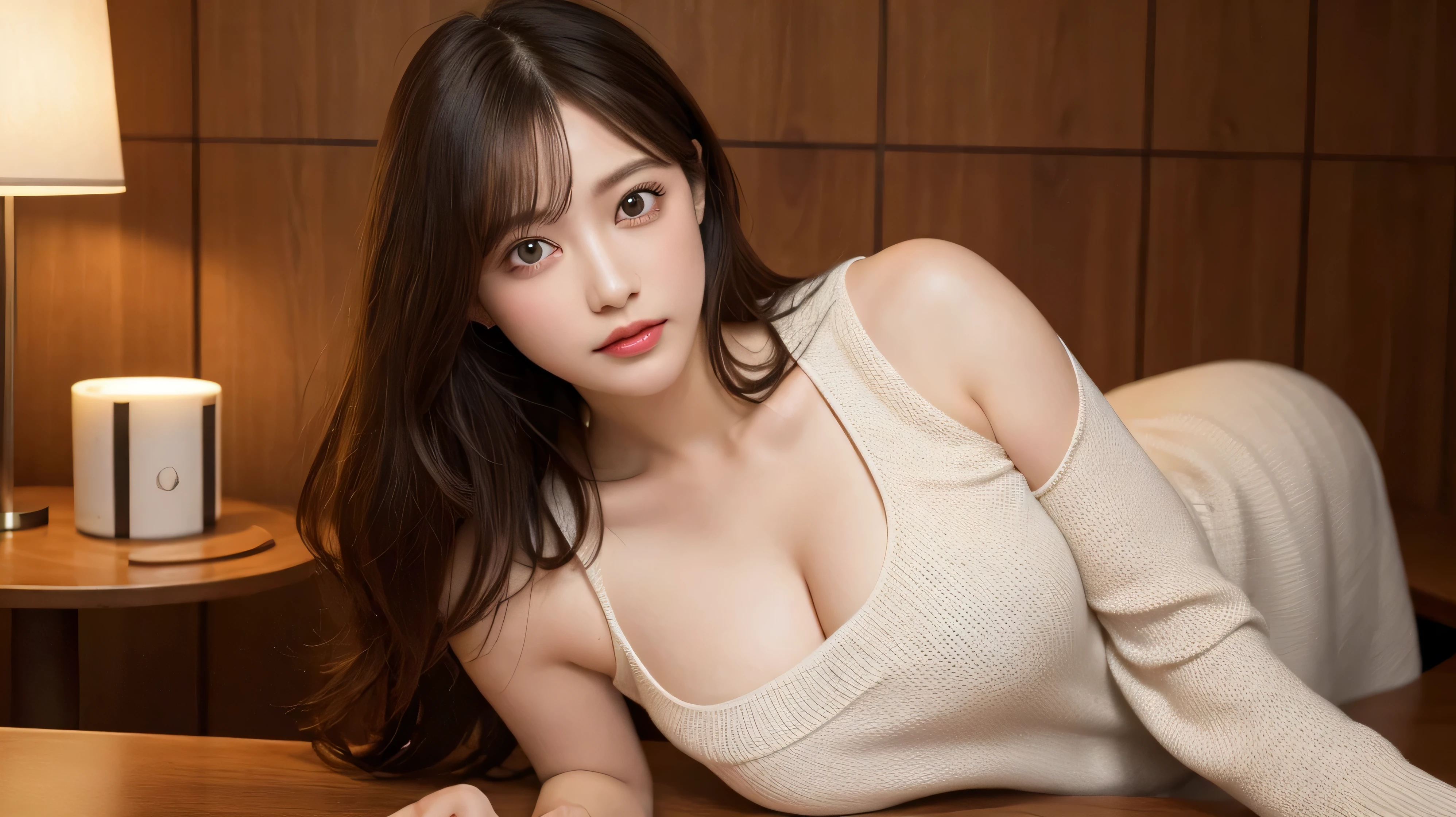 table top, highest quality, shape, Super detailed, finely, High resolution, 8k wallpaper, 完璧なダイナミックな構shape, beautiful and detailed eyes,  medium hair,natural lip, sexy knit dress , big breasts, cleavage, random sexy pose, whole body、Front button