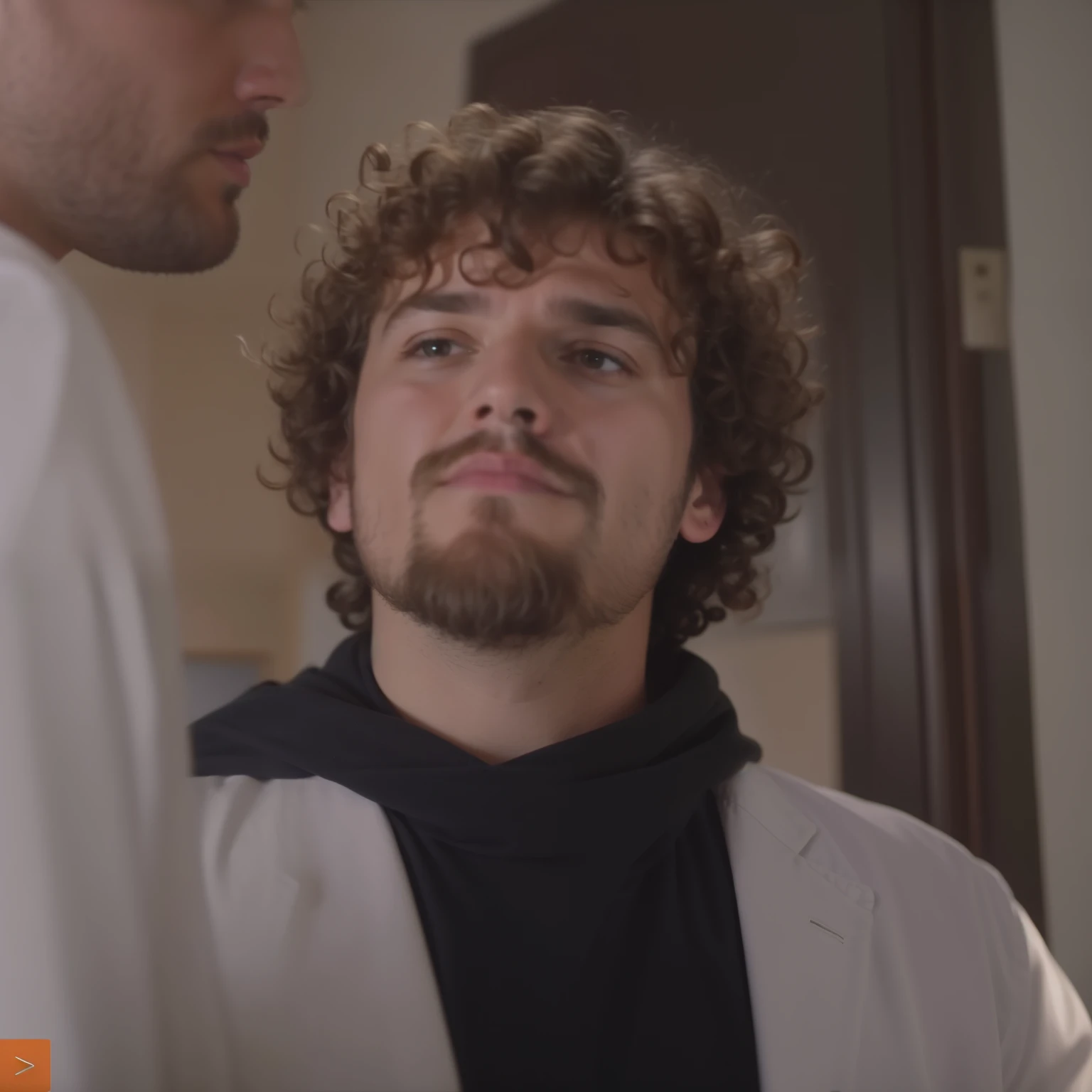 Hay un hombre con barba y una chaqueta puesta., Dream, he has short curly brown hair, frame from a music video, rizos en la parte superior de su cabeza, xqc, still from a movie, still from movie, mirando a su lado, still from a movie de acción real, Still frame of a movie, screenshot from a movie