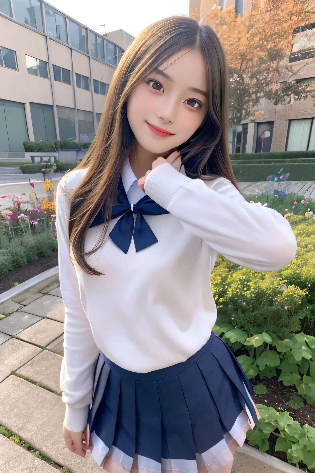 pieces fly、masterpiece、highest quality、Super detailed、High resolution、High resolution、8K portrait、unity 8k wallpaper、Detailed CG、unity 8k wallpaper、Detailed CGユニティ8kの壁紙、realistic、real person、portrait photography、shiny skin、(25 years old:1.2)、High resolution、beautiful clear eyes、very detailed explanation、delicate face、nice lips、thin waist、thin legs、1 girl、(garden:1.3)、(school uniform:1.4)、(cutter shirt:1.2)、(sweater:1.2)、(navy pleated skirt:1.3)、(big smile)、(take a pose:1.4)、(small breasts:1.2)