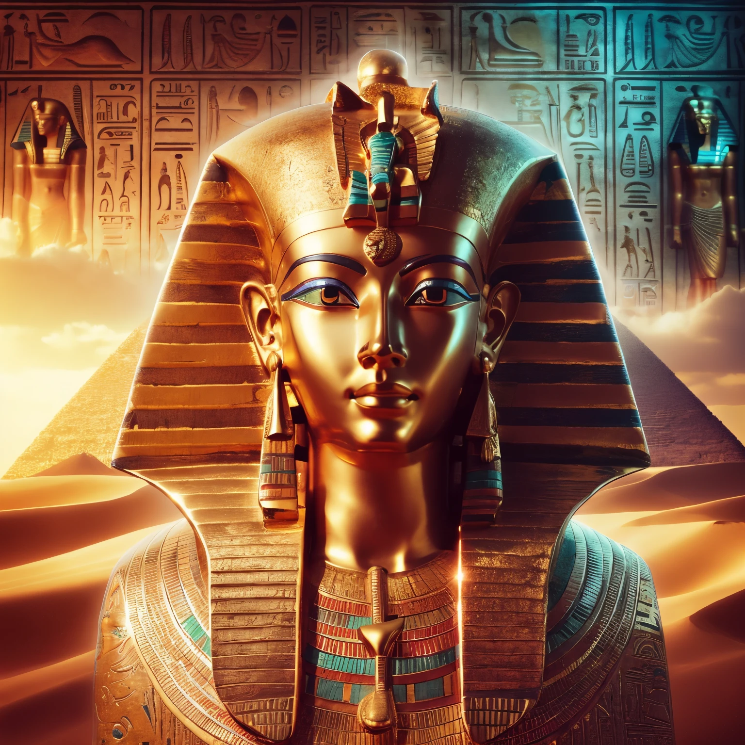 an egyptian pharaoh statue with a golden head and a red eye, egypt god, egyptian god, pharaoh, the egyptian god, ancient egypt, egyptian style, pharoah, ancient egyptian, egyptian, egyptian symbolism, wearing an egyptian crown, egyptian mythology, egyptian setting, kemetic, egypt themed art, egyptian atmosphere, wind egyptian god, ancient egypt art, egyptian gods