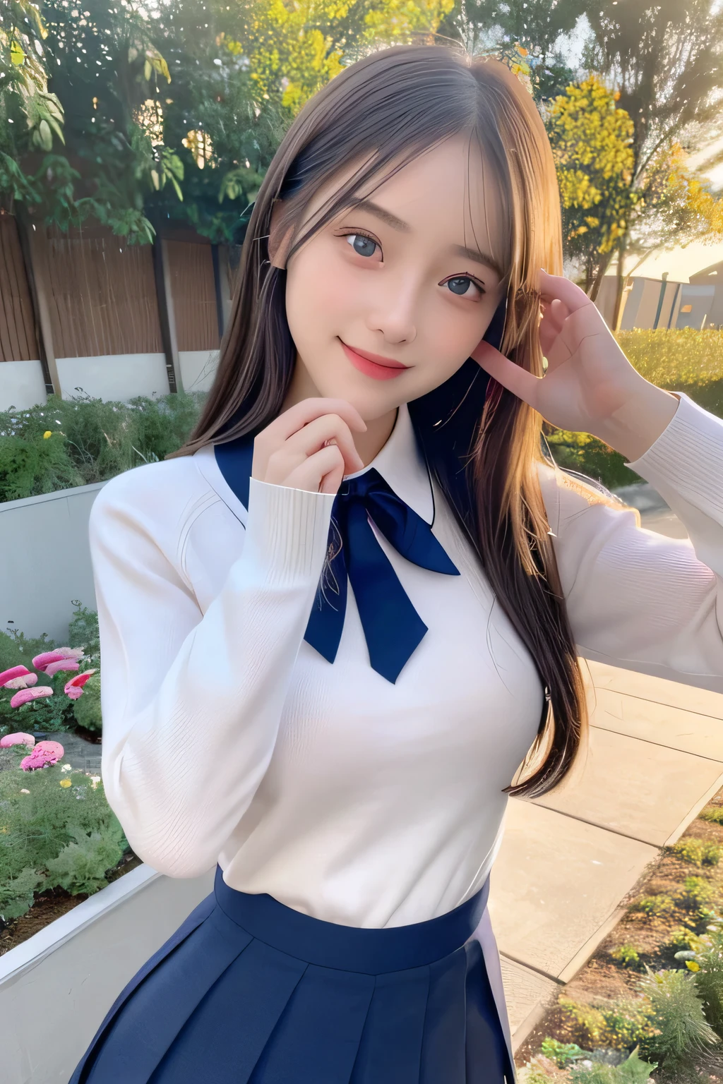 pieces fly、masterpiece、highest quality、Super detailed、High resolution、High resolution、8K portrait、unity 8k wallpaper、Detailed CG、unity 8k wallpaper、Detailed CGユニティ8kの壁紙、realistic、real person、portrait photography、shiny skin、（25 years old:1.2）、High resolution、beautiful clear eyes、very detailed explanation、delicate face、nice lips、thin waist、thin legs、1 girl、(garden:1.3)、(school uniform:1.4)、(cutter shirt:1.2)、(sweater:1.2)、(navy pleated skirt:1.3)、(big smile)、(take a pose:1.4)、(small breasts:1.2)