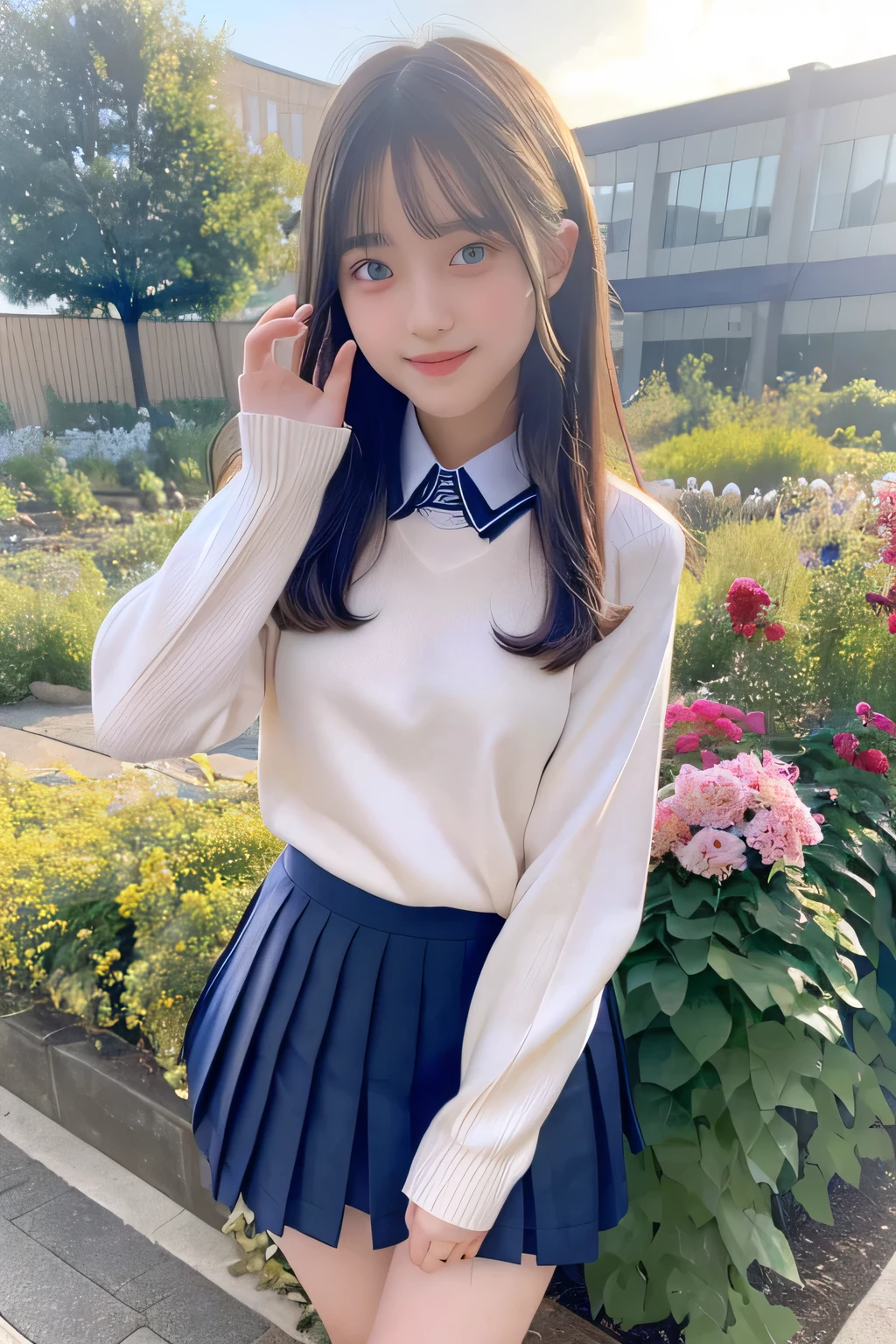 pieces fly、masterpiece、highest quality、Super detailed、High resolution、High resolution、8K portrait、unity 8k wallpaper、Detailed CG、unity 8k wallpaper、Detailed CGユニティ8kの壁紙、realistic、real person、portrait photography、shiny skin、(25 years old:1.2)、High resolution、beautiful clear eyes、very detailed explanation、delicate face、nice lips、thin waist、thin legs、1 girl、(garden:1.3)、(school uniform:1.4)、(cutter shirt:1.2)、(sweater:1.2)、(navy pleated skirt:1.3)、(big smile)、(take a pose:1.4)、(small breasts:1.2)