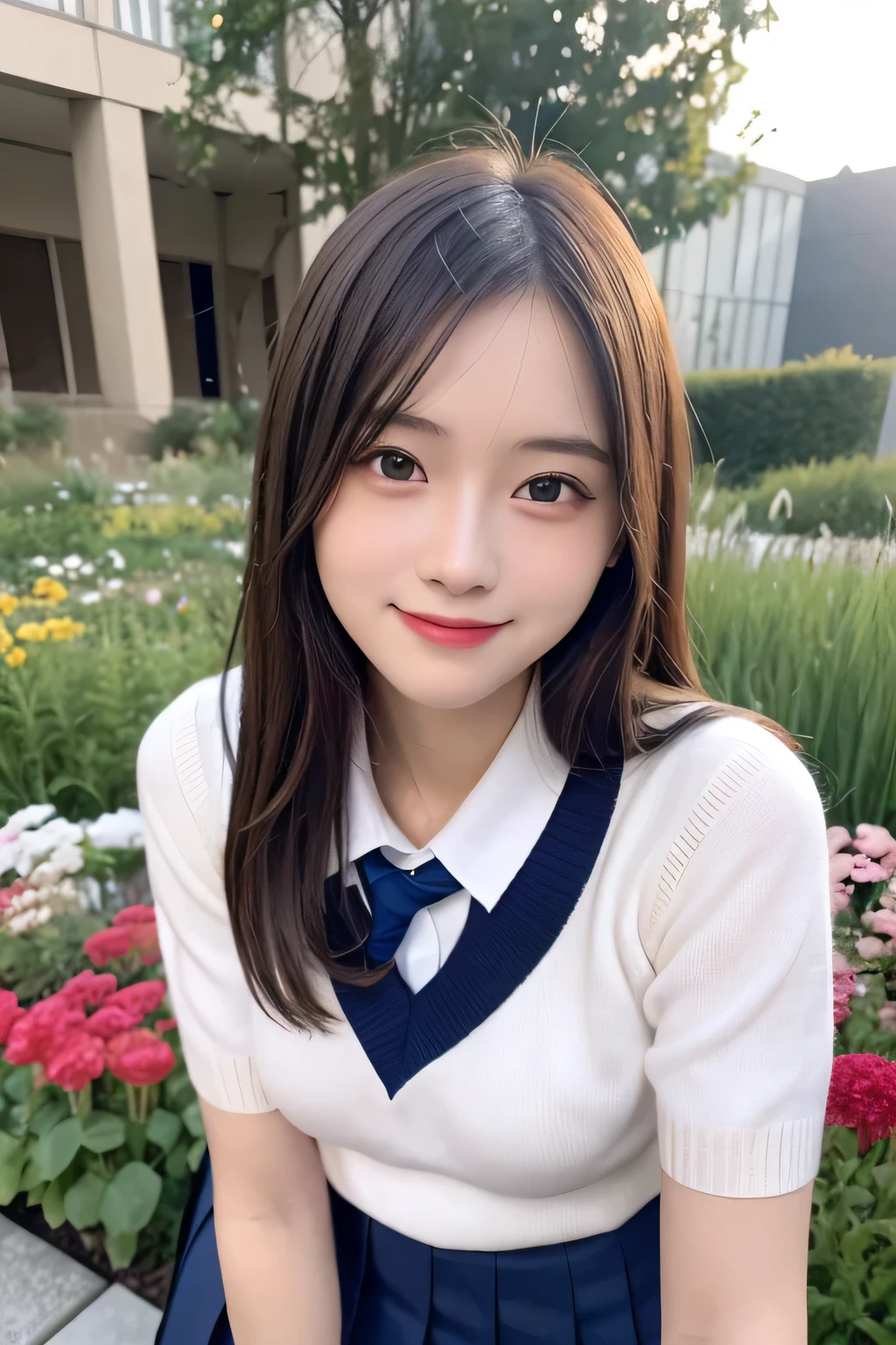pieces fly、masterpiece、highest quality、Super detailed、High resolution、High resolution、8K portrait、unity 8k wallpaper、Detailed CG、unity 8k wallpaper、Detailed CGユニティ8kの壁紙、realistic、real person、portrait photography、shiny skin、（25 years old:1.2）、High resolution、beautiful clear eyes、very detailed explanation、delicate face、nice lips、thin waist、thin legs、1 girl、(garden:1.3)、(school uniform:1.4)、(cutter shirt:1.2)、(sweater:1.2)、(navy pleated skirt:1.3)、(big smile)、(take a pose:1.4)、(small breasts:1.2)