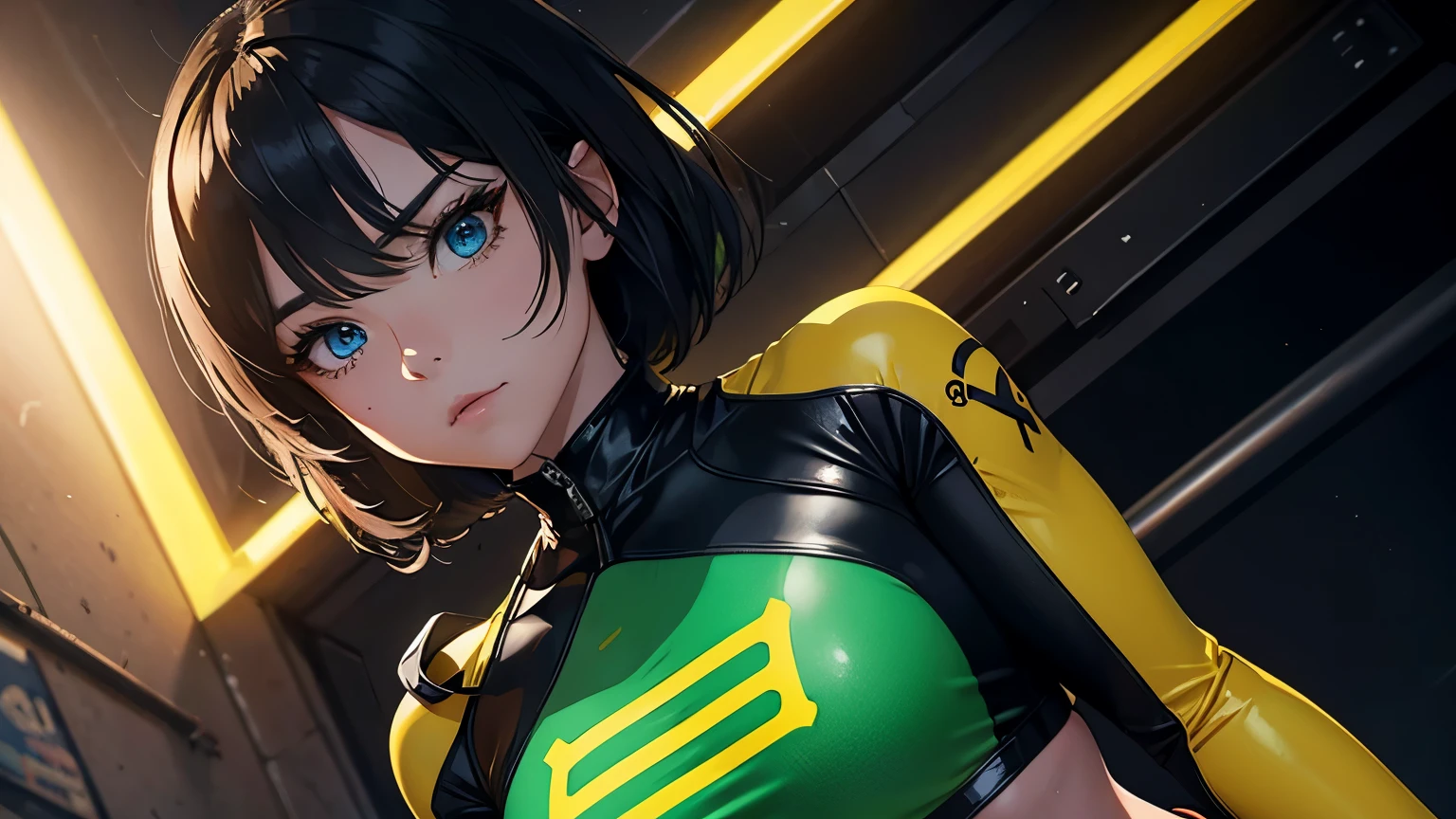4K, A high resolution, Best quality at best, masterpiece, perfect colors, perfect shadow, perfect litthing, ((sportrait)), 1woman, fit-muscled body, bright yellow eyes,dark blue hair , blue eyes, With round lenses, The audience watched carefully, (s face: 1.2), Perfect female figure, ((standing)), ((yellow Tight crop top leather suit)), ((shy and looking at viewert)), (Perfect thick white eyebrows) Delicate fur, 详细s face, s the perfect face, At a mystery neon green room , (model pose standing), energetic background, perfect city skyscape, lighting atmosphere, ((Bonifasko lighting)), (The round lenses on his eyes)(詳細な目), Perfect student, face close up