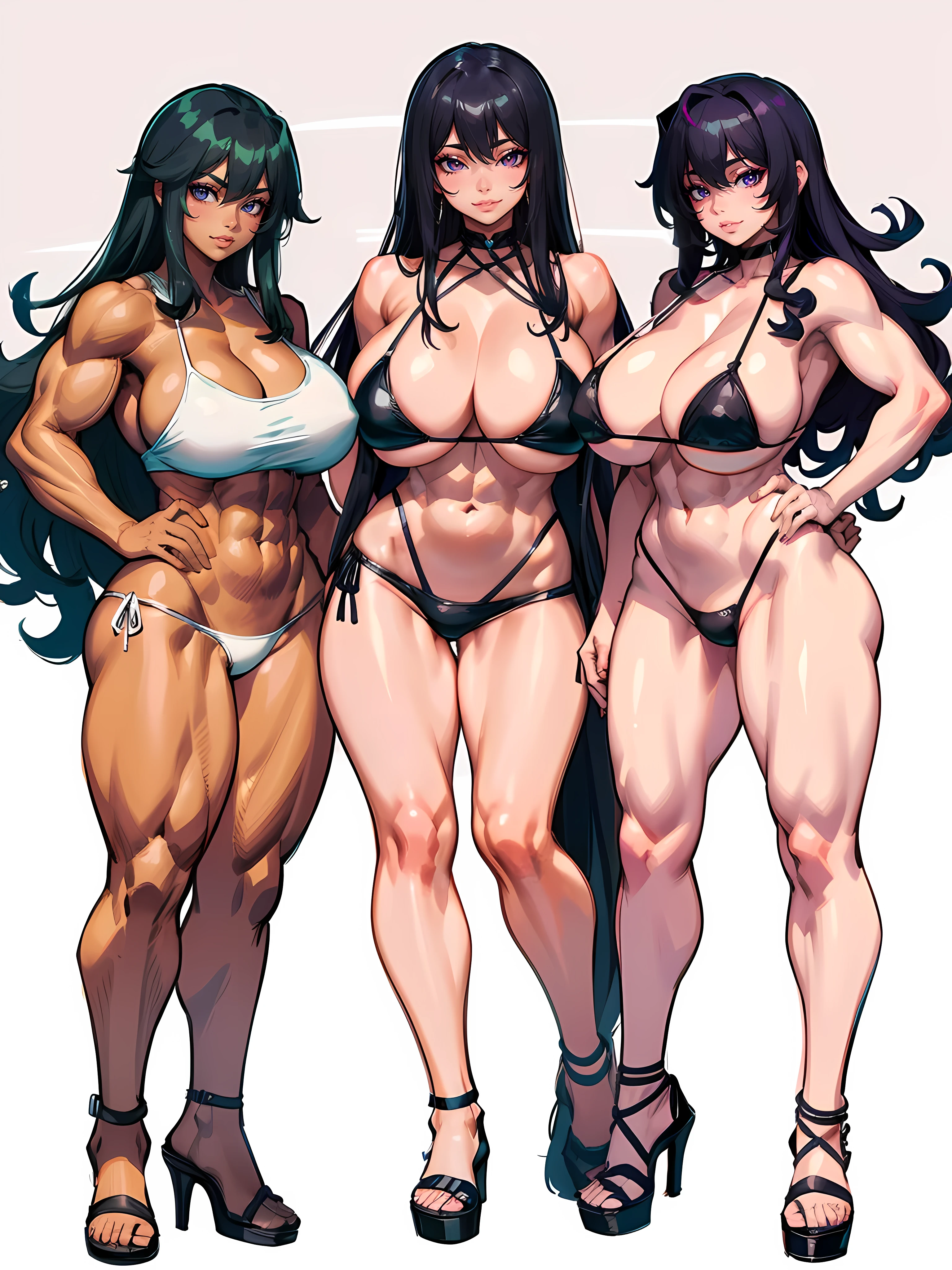 solo female in a bikini posing for a picture, muscular girl, bodybuilder, feminine and muscular, very beautiful. big muscles, muscular, large muscles, muscular build, pink eyes, black hair, curly long hair, white bikini, huge breasts, (((white background))), full body, high heels