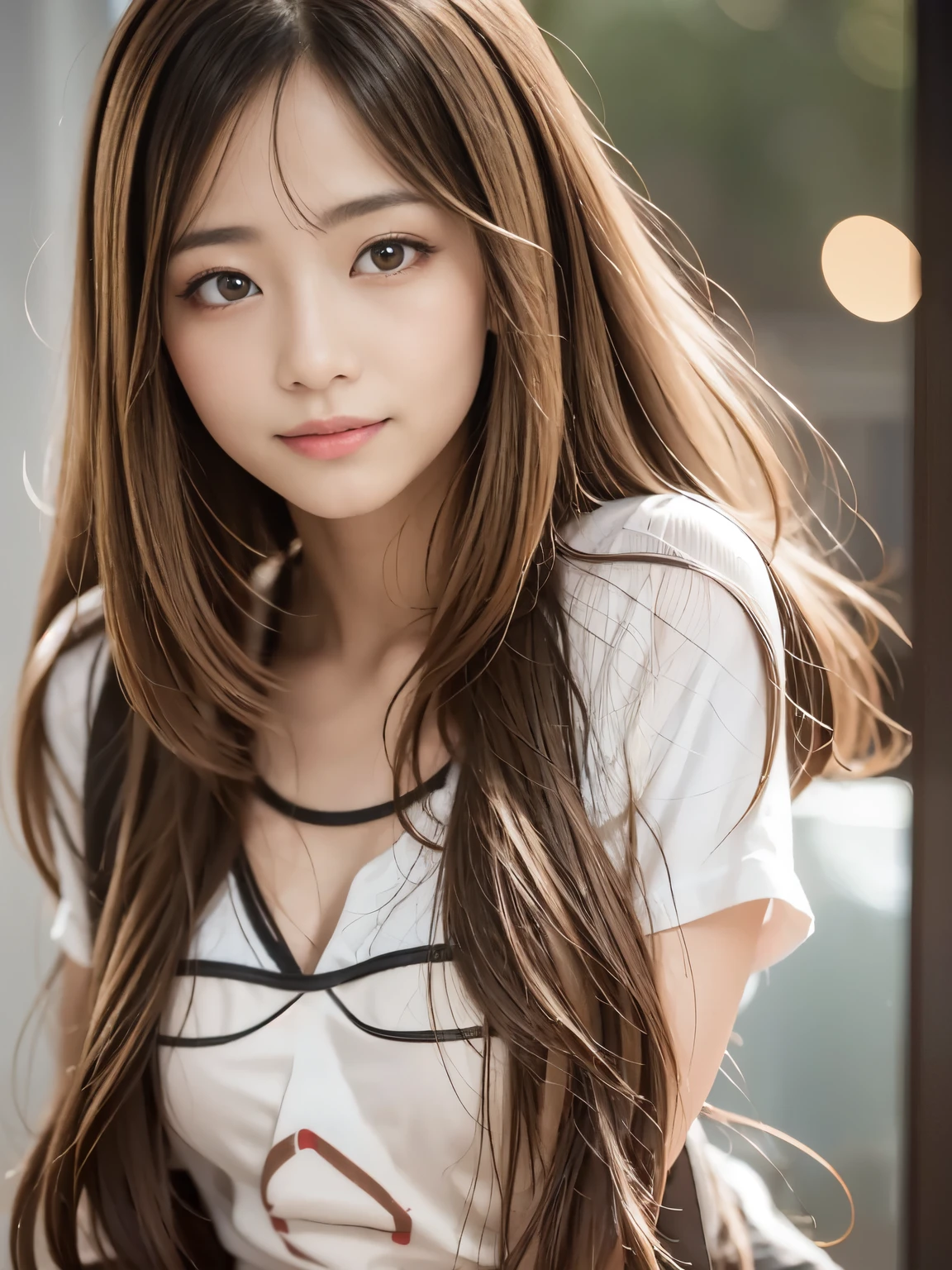 (Raw photo:1.2)、highest quality、Detailed beauty、Beautiful long-haired woman、8k wallpaper、finely、dressed, (photo realistic:1.4), (hyper realistic:1.4), (realistic:1.3),
(smoother lighting:1.05), (Improve the quality of cinematic lighting:0.9), 32K,
1 girl,20 year old girl, realistic lighting, Backlight, light shines on your face, ray tracing, (bright natural light:1.2), (Improvement of quality:1.4),
(highest qualityのリアルな質感の肌), finely描かれた目, finely描かれた顔,
(Tired, sleepy and satisfied:0.0), close up of face, T-shirt,
(Enhance the mood of your body line:1.1), The shiny skin background is a blurred night view from a skyscraper through glass.