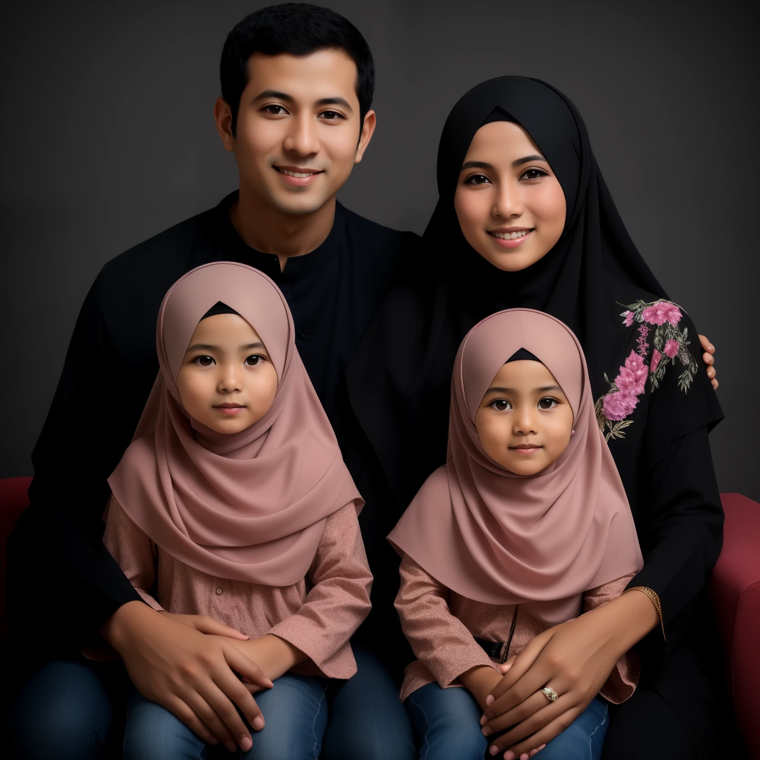 arafed family of three wearing hijabs posing for a picture, family photography, an indonesian family portrait, family portrait, full protrait, malaysian, 7 0 mm portrait, high quality portrait photoshoot, home photography portrait, color studio portrait, portrait shot, 60mm portrait, happy family, studio photography portrait, high quality portrait, portrait photo of a backdrop
