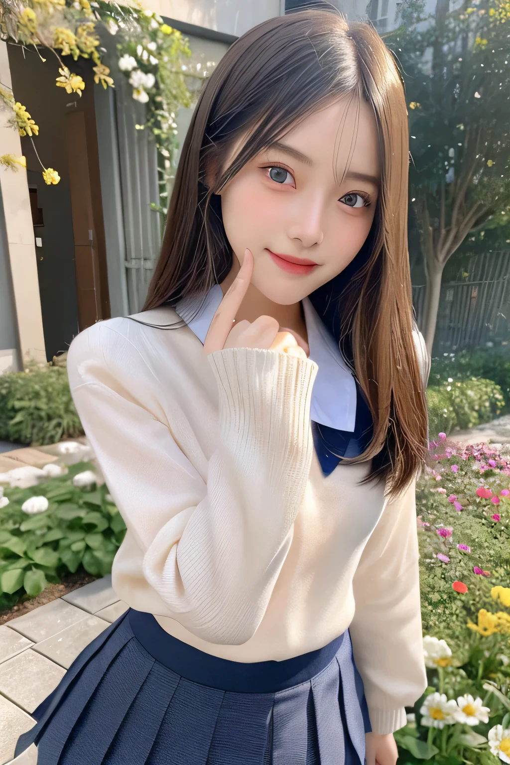 pieces fly、masterpiece、highest quality、Super detailed、High resolution、High resolution、8K portrait、unity 8k wallpaper、Detailed CG、unity 8k wallpaper、Detailed CGユニティ8kの壁紙、realistic、real person、portrait photography、shiny skin、(25 years old:1.2)、High resolution、beautiful clear eyes、very detailed explanation、delicate face、nice lips、thin waist、thin legs、1 girl、(garden:1.3)、(school uniform:1.4)、(cutter shirt:1.2)、(sweater:1.2)、(navy pleated skirt:1.3)、(big smile)、(take a pose:1.4)、(small breasts:1.2)
