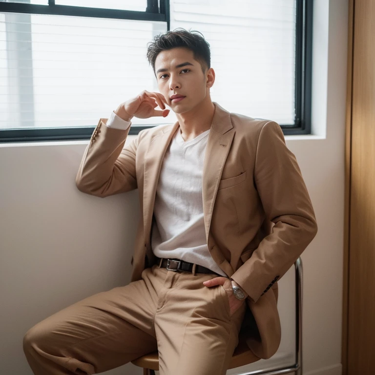 office man ,, handsome , sitting. office  , suit ,  hunk , full length shot