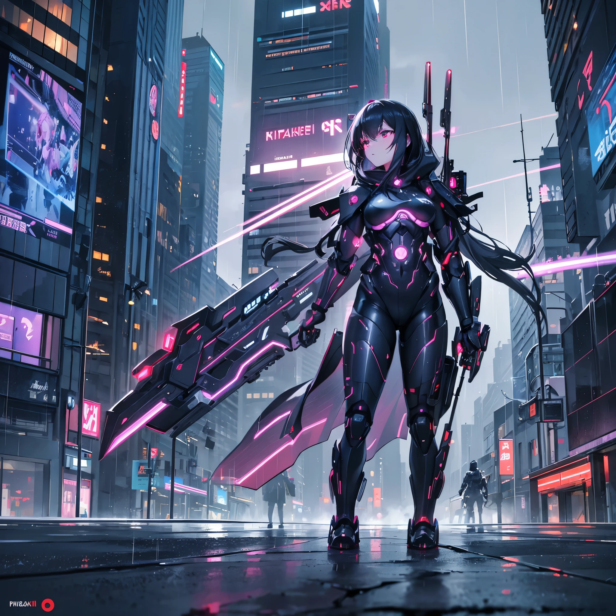 (best quality,4k,8k,highres,masterpiece:1.2),ultra-detailed,(realistic,photorealistic,photo-realistic:1.37),futuristic assassin cyborg,Tokyo,glowing neon lights,shiny metallic surfaces,high-tech weaponry,extreme close-up of face,red glowing eyes and laser targeting system,hooded cloak billowing in the wind,reflection of city lights in cyborg's eyes,nighttime cityscape,bullet time action,rain-soaked streets,ominous dark alleyways,motion blur of cyborg in combat,massive skyscrapers towering above,hovering futuristic vehicles,city skyline bathed in blue and purple hues,illuminated signs in Japanese characters,streets filled with bustling crowds and futuristic technology,steam rising from the manhole covers,Japanese cherry blossom trees lining the streets,expressive graffiti on the walls,a robot geisha performing in a street corner,transparent holographic displays,blurred city lights streaking by,secret underground laboratories and hideouts,reflection of cyborg in a puddle on the ground,ominous shadows lurking in the corners,city skyline fading into the distance,highlighted raindrops glistening on the cyborg's armor,electric sparks and energy surges emanating from the cyborg's body,combat drones patrolling the