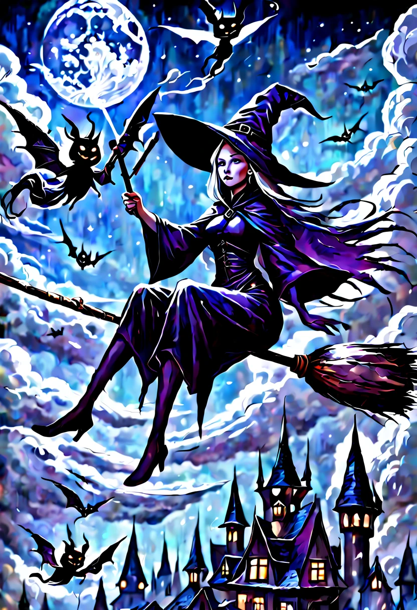 (sit on a broom:1.5) witches flying in the sky with their brooms and hats, concept art by Alexander Kucharsky, shutterstock, fantasy art, wraiths riding in the sky, sky witch, flying on the broom, rob rey, fantasy illustrations, realistic fantasy illustration, wlop and rhads, flying in sky, high fantasy illustration, fantasy art behance, jen bartel