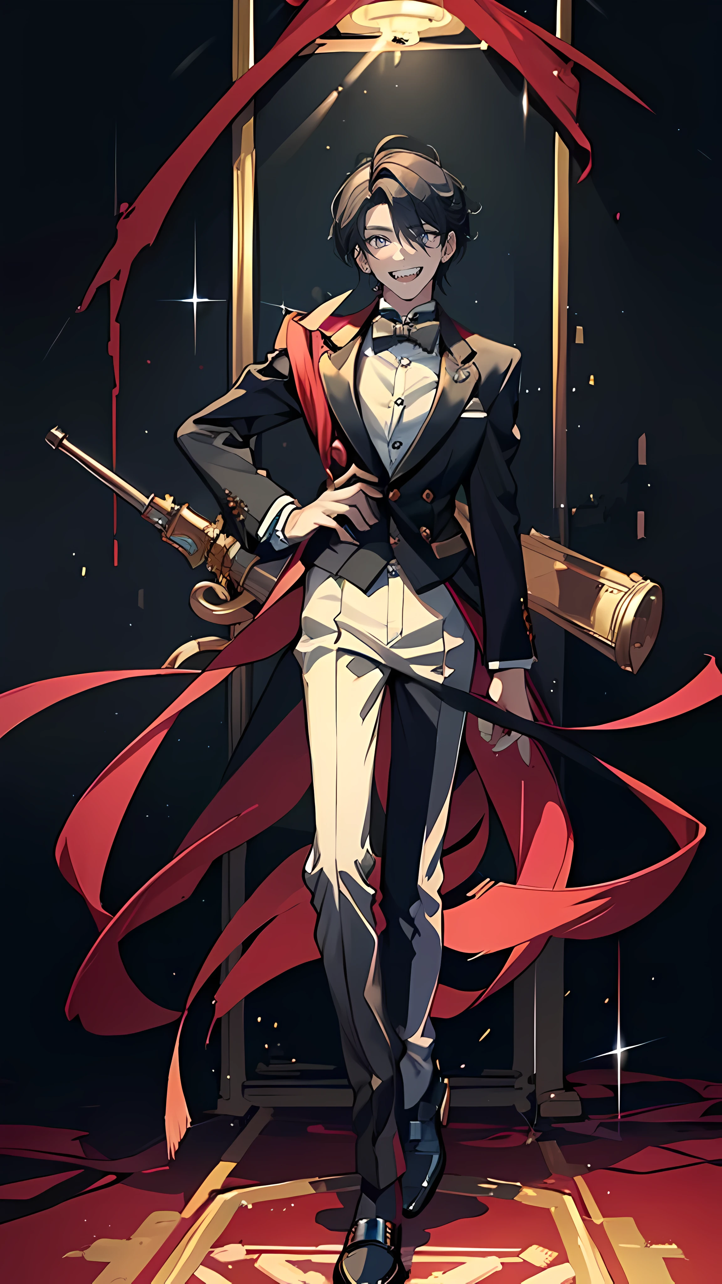 ((highest quality)), ((masterpiece)), (very detailed:1.3), Handsome man in a tuxedo, bright smile, whole body, leather shoes, throb, concert, Spotlight