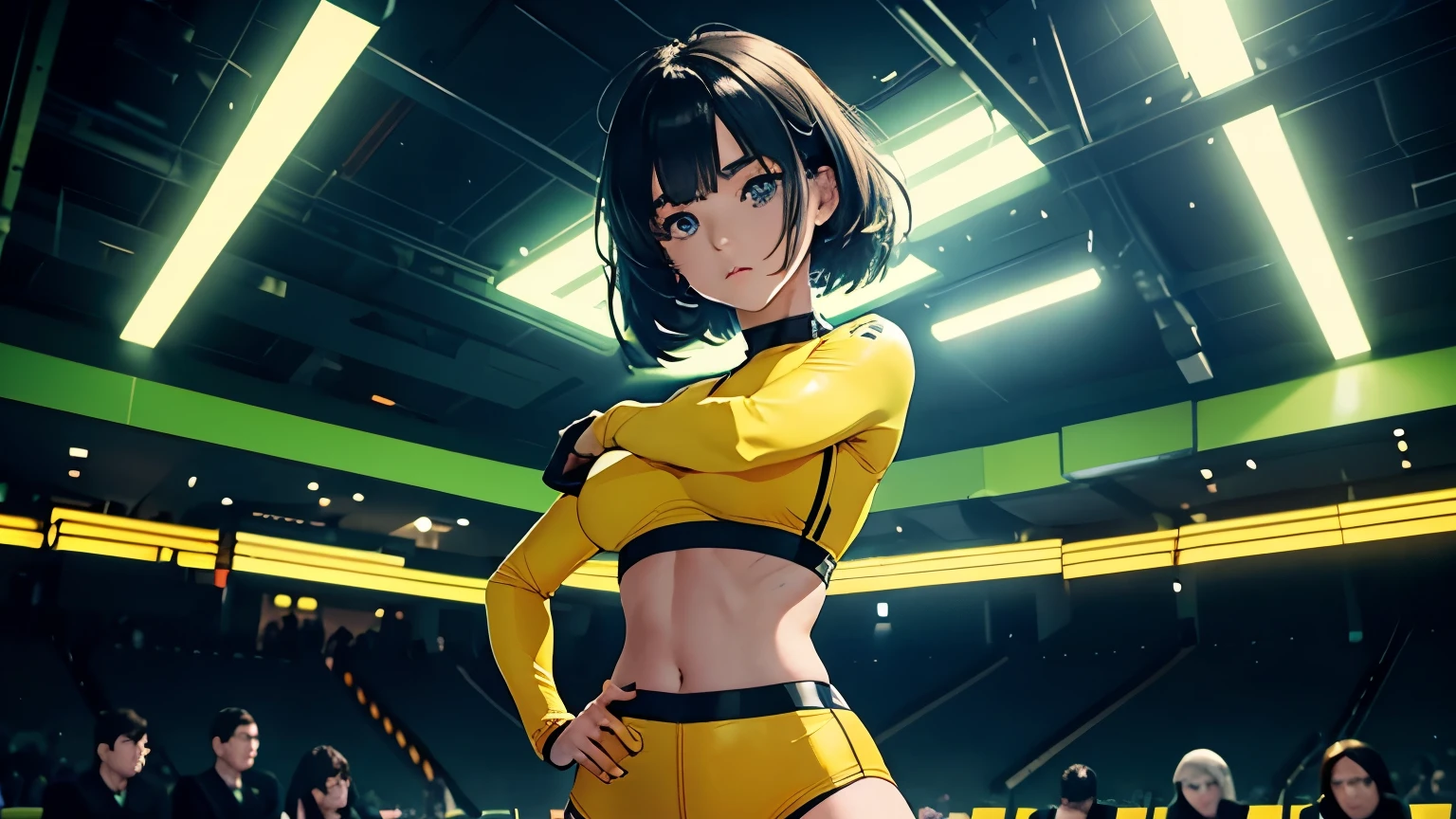 4K, A high resolution, Best quality at best, masterpiece, perfect colors, perfect shadow, perfect litthing, ((sportrait)), 1woman, fit-muscled body, bright yellow eyes,dark blue hair , blue eyes, With round lenses, The audience watched carefully, (s face: 1.2), Perfect female figure, ((standing)), ((yellow Tight crop top leather suit)), ((shy and looking at viewert)), (Perfect thick white eyebrows) Delicate fur, 详细s face, s the perfect face, At a mystery neon green room , (model pose standing), energetic background, perfect neon green light room, lighting atmosphere, ((Bonifasko lighting)), (The round lenses on his eyes)(詳細な目), Perfect student, face close up