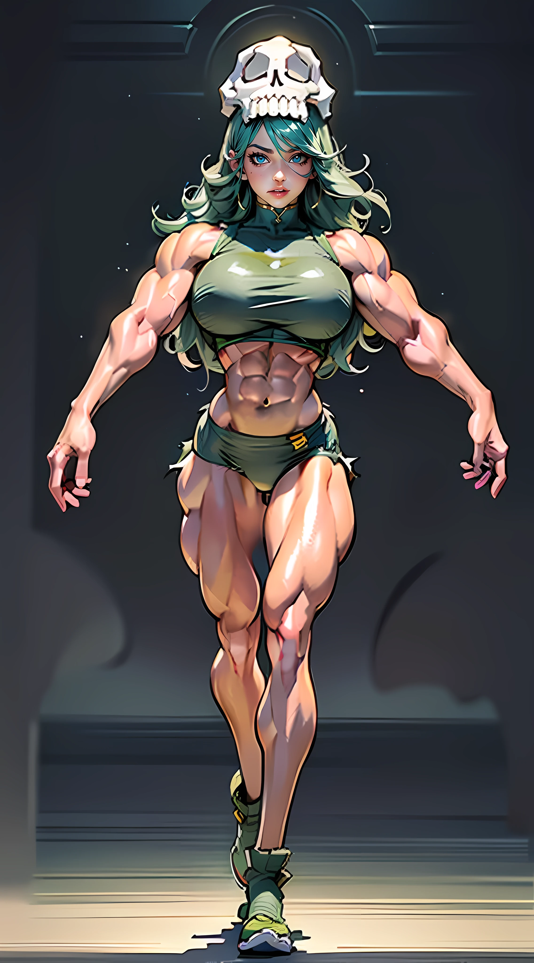 ((Masterpiece)), ((Best Quality)), ((Solo)), ((alone)), ((1girl)), odelschwanck, green hair,(skull),torn clothes, (underskirt), (puffy lips:1.4), (((accurate anatomy))), (((Huge breasts))), ((long legs)), ((wide hips)), ((((Muscular Legs)))), (((Massive Female Bodybuilder))), (((((Huge Muscles))))), design sheet, masterpiece, long hair, (slendered abs:1.2) ,detailed , shiny skin, beautiful lighting from below, harsh light