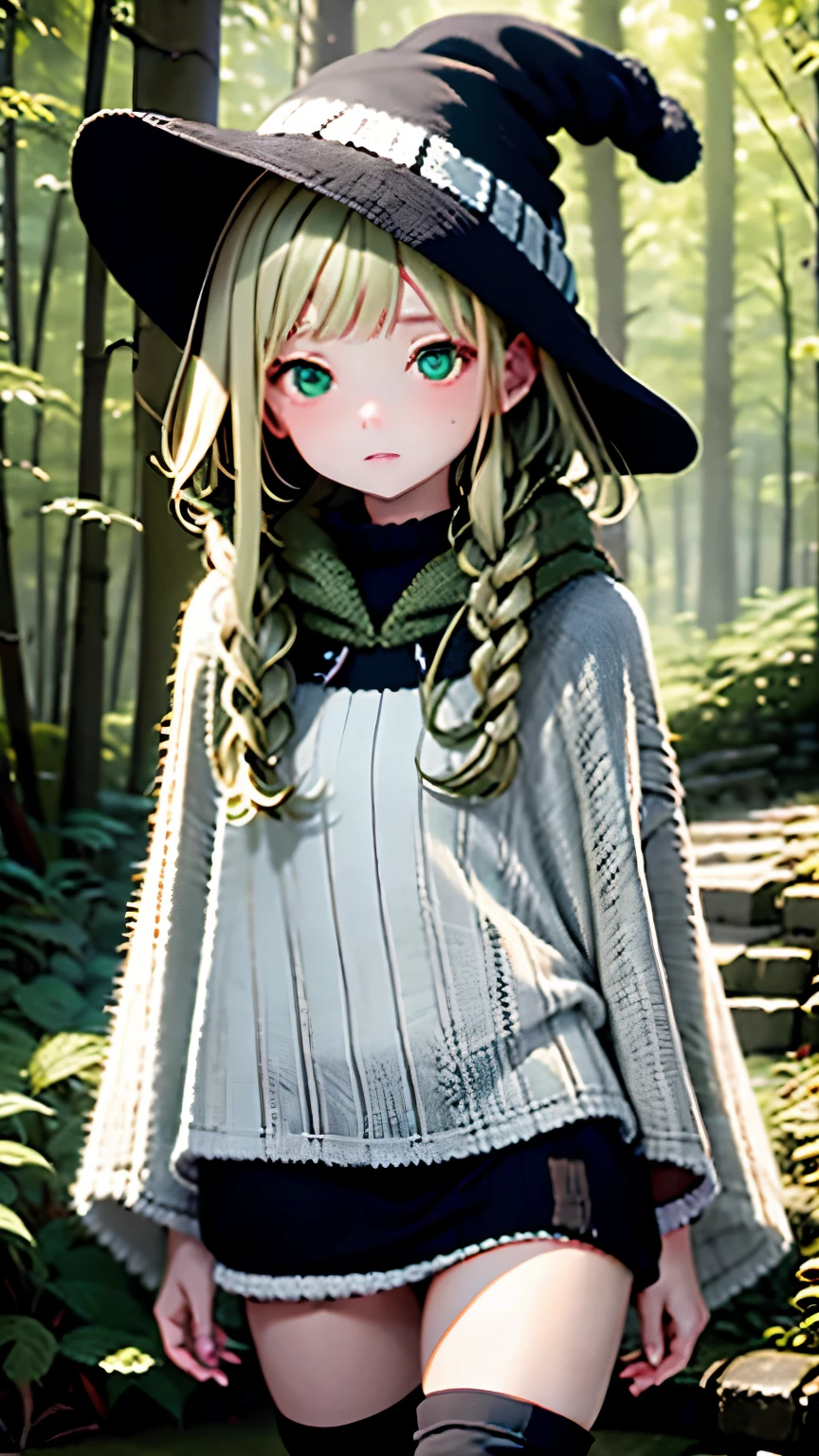one girl、２０talent、beige hair、french braid、(white knit hat)、((Dark green poncho:1.2))、(((black knee socks:1.2)))、background is blurry、blurred background、dark forest、deep-forest、walk、highest quality、ultra high resolution、Super detailed、８ｋ、