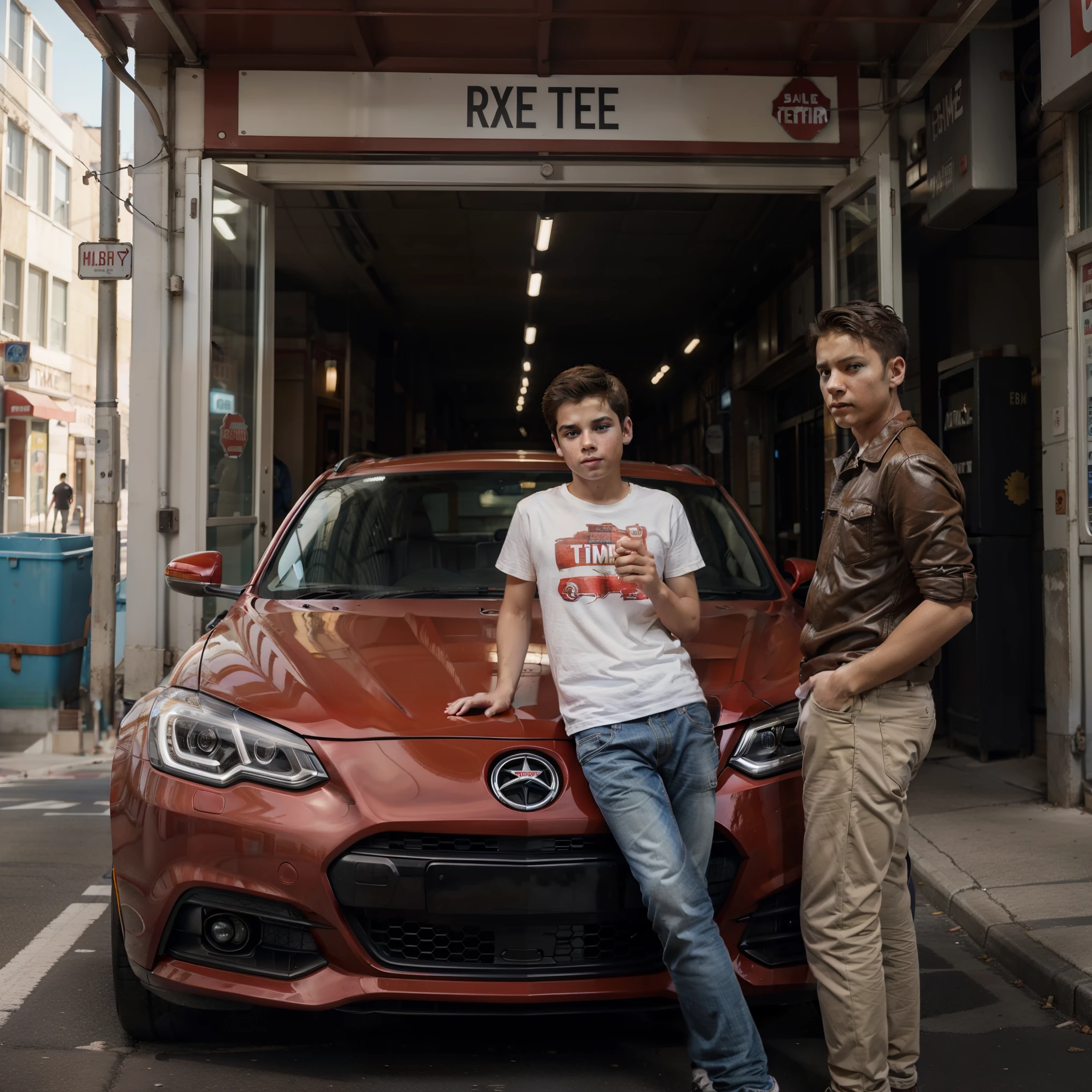 A boy with a car drink red Vine Street futuris tic background realistid