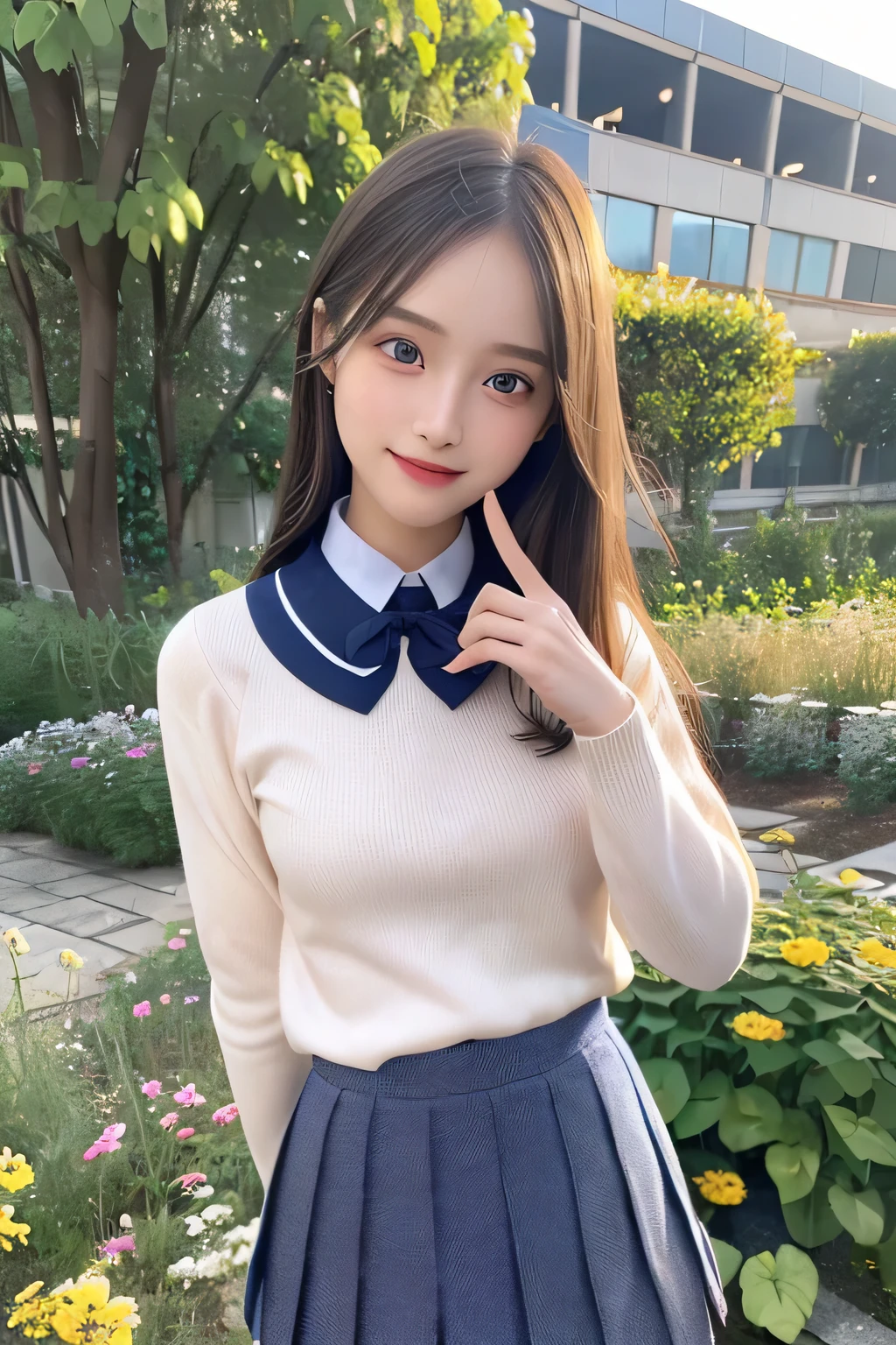 pieces fly、masterpiece、highest quality、Super detailed、High resolution、High resolution、8K portrait、unity 8k wallpaper、Detailed CG、unity 8k wallpaper、Detailed CGユニティ8kの壁紙、realistic、real person、portrait photography、shiny skin、（25 years old:1.2）、High resolution、beautiful clear eyes、very detailed explanation、delicate face、nice lips、thin waist、thin legs、1 girl、(garden:1.3)、(school uniform:1.4)、(cutter shirt:1.2)、(sweater:1.2)、(navy pleated skirt:1.3)、(big smile)、(take a pose:1.4)、(small breasts:1.2)