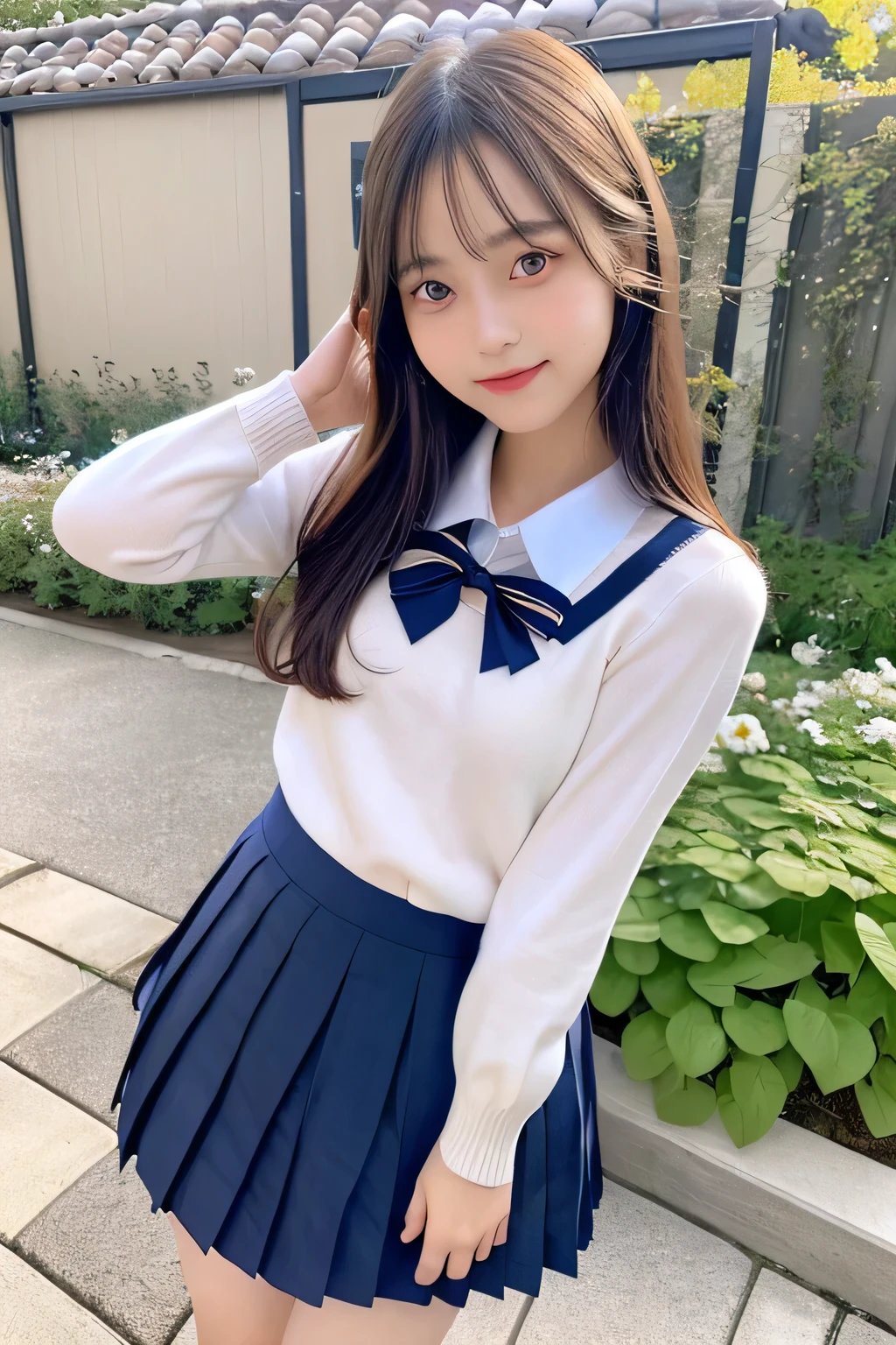 pieces fly、masterpiece、highest quality、Super detailed、High resolution、High resolution、8K portrait、unity 8k wallpaper、Detailed CG、unity 8k wallpaper、Detailed CGユニティ8kの壁紙、realistic、real person、portrait photography、shiny skin、(25 years old:1.2)、High resolution、beautiful clear eyes、very detailed explanation、delicate face、nice lips、thin waist、thin legs、1 girl、(garden:1.3)、(school uniform:1.4)、(cutter shirt:1.2)、(sweater:1.2)、(navy pleated skirt:1.3)、(big smile)、(take a pose:1.4)、(small breasts:1.2)
