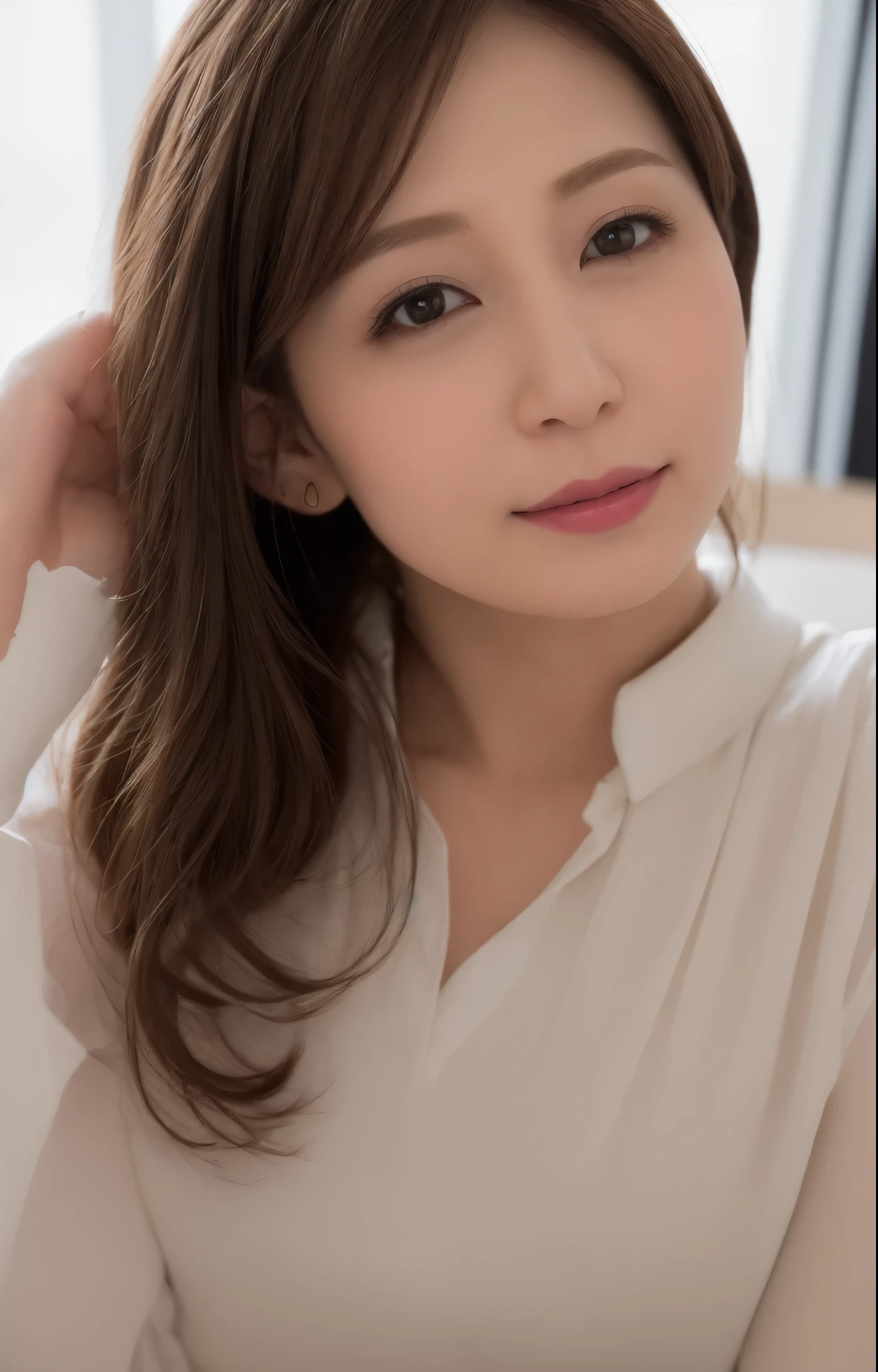 (Best quality, 8k, 32k, Masterpiece, UHD:1.2), from behind, 1 girl, beautiy Japanese office lady, (smile:0.5), (looking at the viewer), 30 years old, bit chubby, white shirt, black skirt, office room, desk, detailed beautiful face, pony-tail hair, from below,