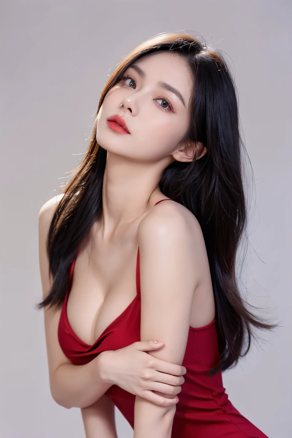 （lifelike,high resolution：1.3）， A slim girl， The face shape and eyes are super delicate,black hair,red glossy lips,(beautiful face), (best quality), (Super detailed), (Extremely detailed CG unified 8k wallpaper),((Tight dress)),(White background),(A little cleavage),(Model photo),sexy look,big eyes,(standing),(air bangs),(Slim waistline)，Eyes look at the audience,Teardrop-shaped breasts,soft breasts,very realistic breasts,The character is centered,Fold your hands to your chest