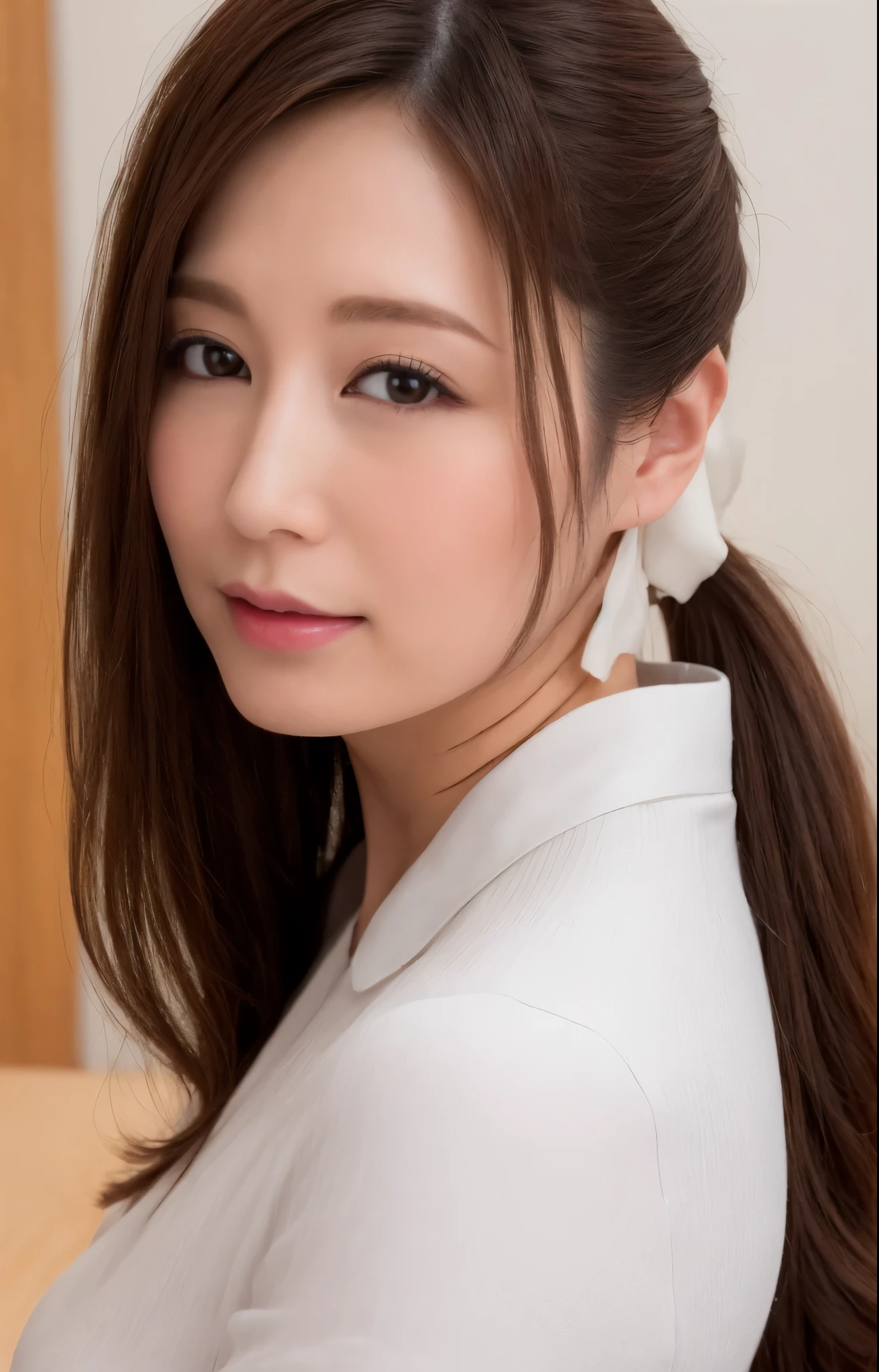 (Best quality, 8k, 32k, Masterpiece, UHD:1.2), from behind, 1 girl, beautiy Japanese office lady, (smile:0.5), (looking at the viewer), 30 years old, bit chubby, white shirt, black skirt, office room, desk, detailed beautiful face, pony-tail hair, from below,