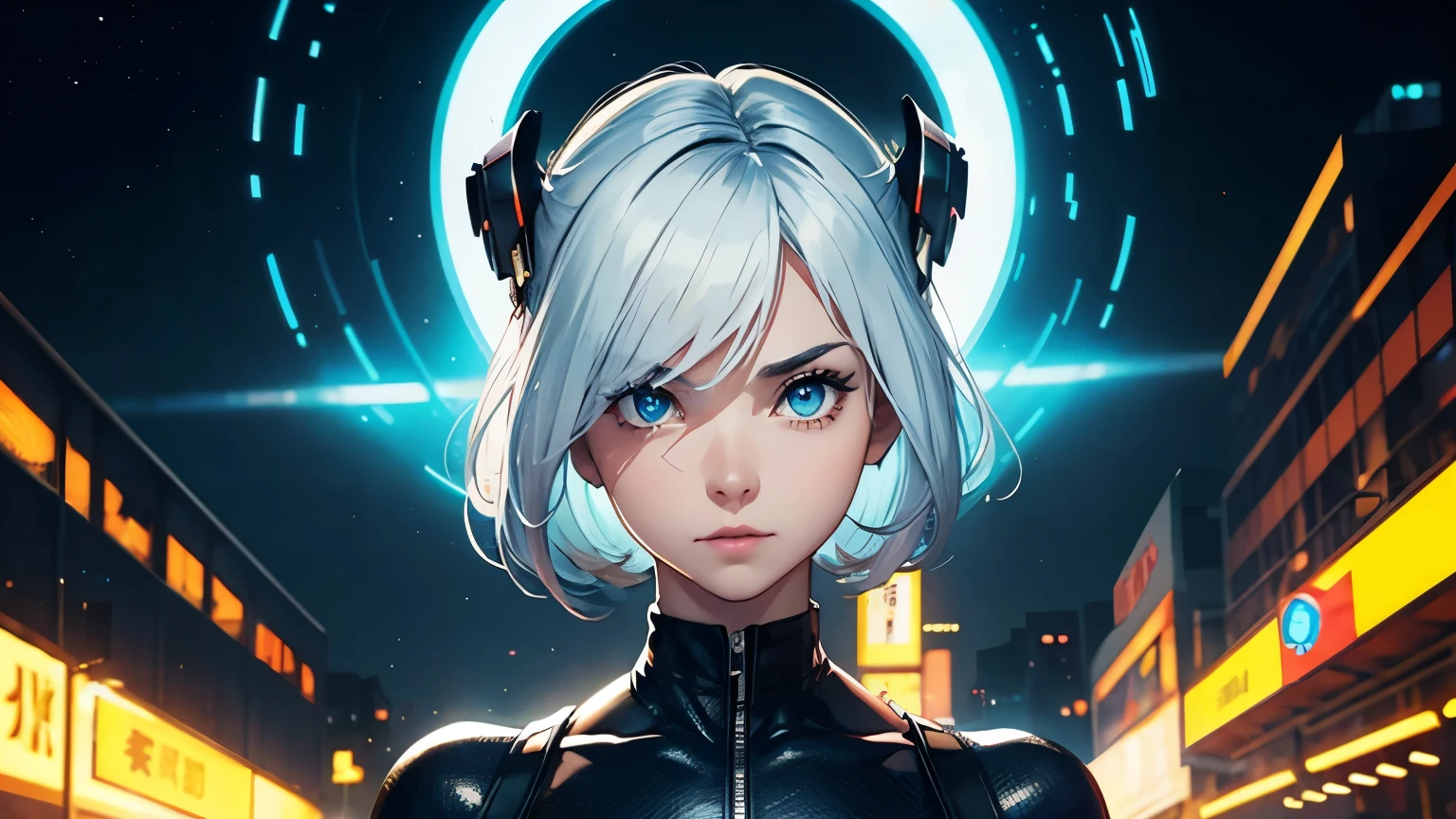 4K, A high resolution, Best quality at best, masterpiece, perfect colors, perfect shadow, perfect litthing, ((sportrait)), 1woman, fit-muscled body, bright yellow eyes,dark blue hair , blue eyes, With round lenses, The audience watched carefully, (s face: 1.2), Perfect female figure, ((standing)), ((yellow Tight crop top leather suit)), ((shy and looking at viewert)), (Perfect thick white eyebrows) Delicate fur, 详细s face, s the perfect face, At a fantasy cyberpunk city , (model pose standing), skyscape invade from many UFO and creature, lighting atmosphere, ((Bonifasko lighting)), (The round lenses on his eyes)(詳細な目), Perfect student, face close up