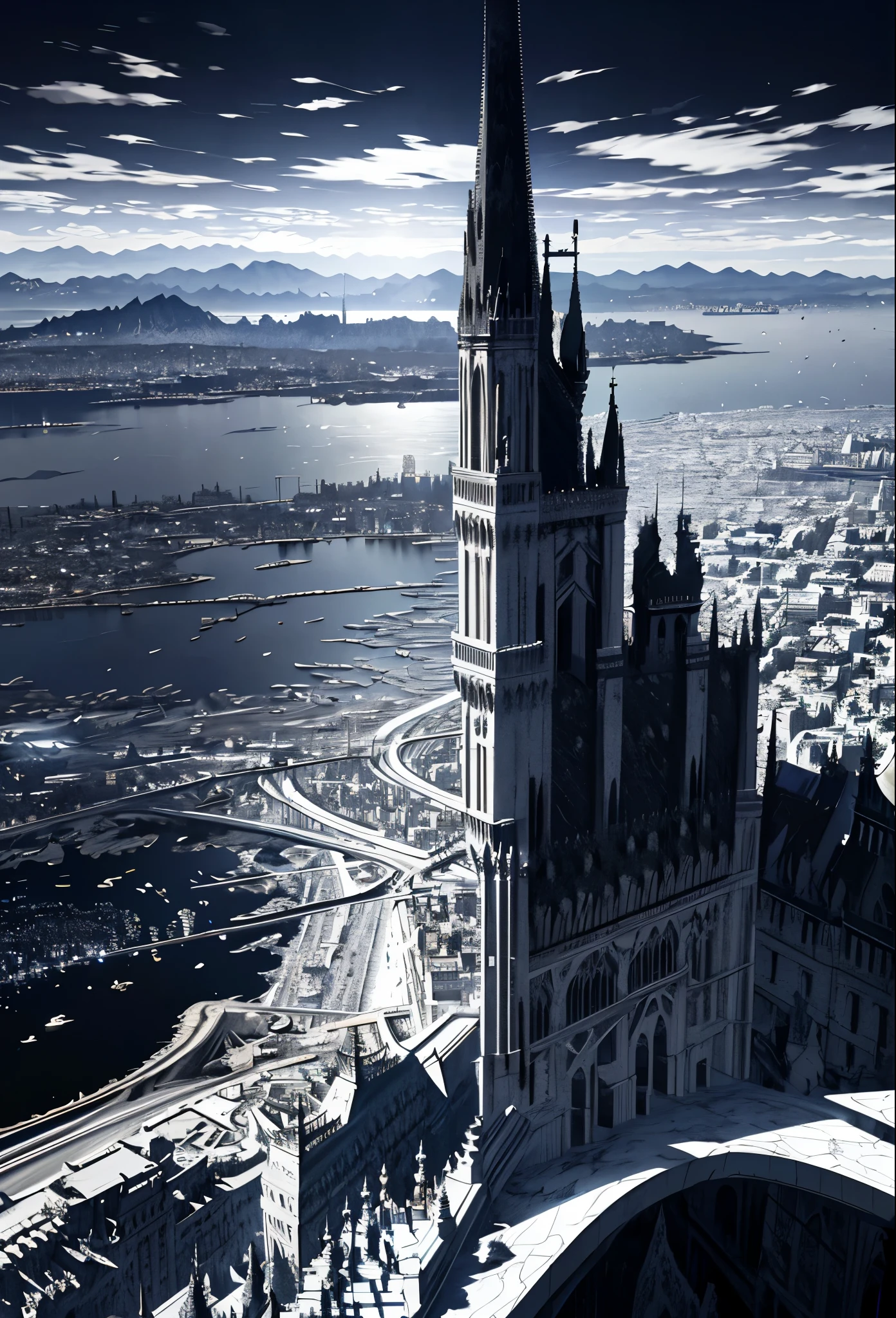 (Black and white marble gothic style building),panoramic镜头,masterpiece, concept art, panoramic,Close-up of the vista,Royal palace castle on the mountain,Western fantasy style,Normandy Civilization Style,(The combination of magic and technology,Black and white marble style building), fantasy theme,flying dragon,The top of the gray mountain,City,Sky,The place where three rivers meet,Sky中的flying dragon,Volumetric lighting, global illumination, HD