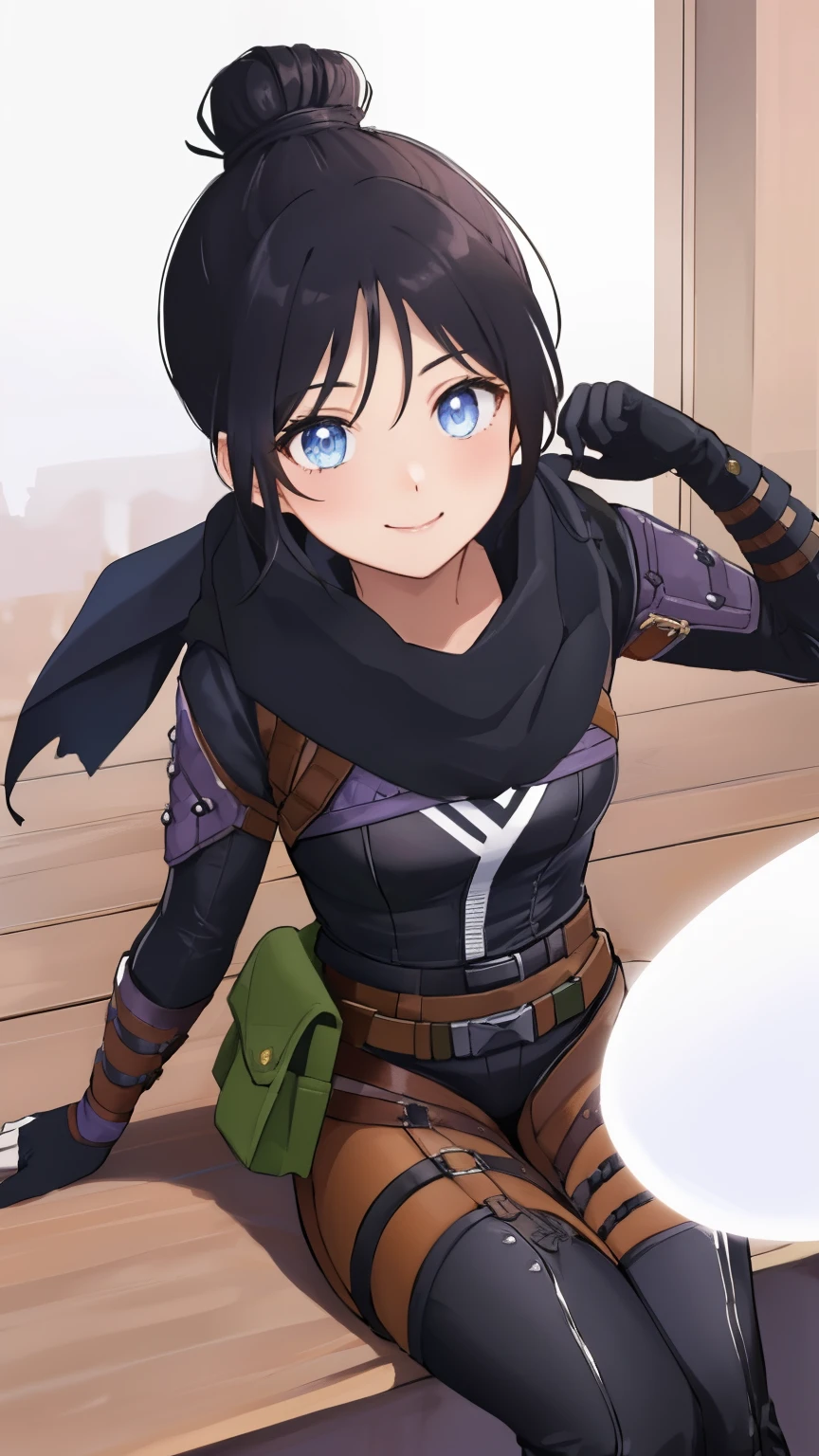 (table top, highest quality:1.2), ghost (apex legend), 1 girl, alone, シングルヘアbun hair, bun hair, body suit, scarf, 黒のbody suit, holding, chest, black hair, Black scarf, Large chest, blue eyes, belt bag, brown belt, bangs, 分けたbangs, hair behind the ear, gloves, nose piercing, 黒いgloves, thigh strap, looking at the viewer,desert、smile