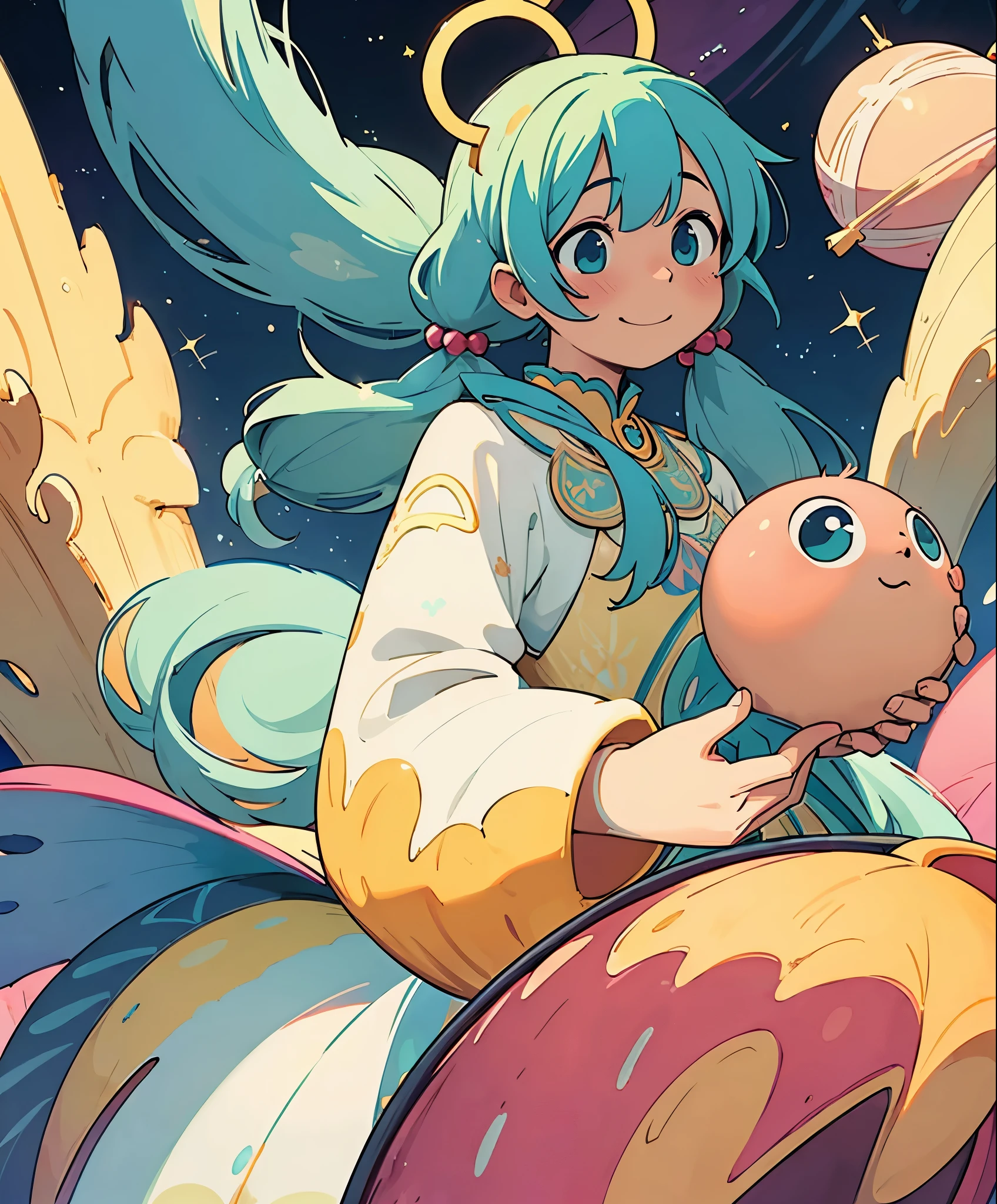 (masterpiece、highest quality、highest quality、official art、beautiful beautiful:1.2)、(1 girl:1.3)Hatsune Miku、beautiful breasts、twin tails、adorable smile、very detailed、(fractal art:1.1)、(colorfulな:1.1), sparkling eyes, golden ratio face, liquid from another world, watercolor, pastel colour, bright colors, Whimsical, colorful, sharp focus, High resolution, small details, ((Layered Tiered Puffy Long Sleeve Ball Gown)), ((round eyes)), rainbow colored bubbles, fantasy background、See-Through Phoenix Leotard