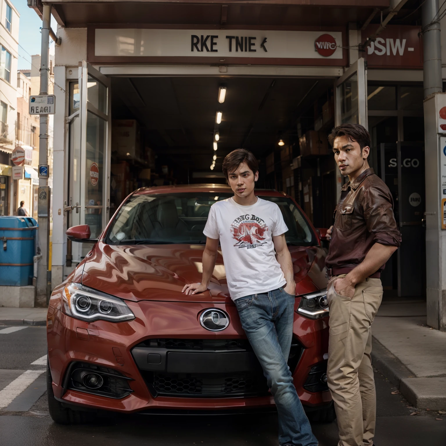 A boy with a car drink red Vine Street futuris tic background realistid