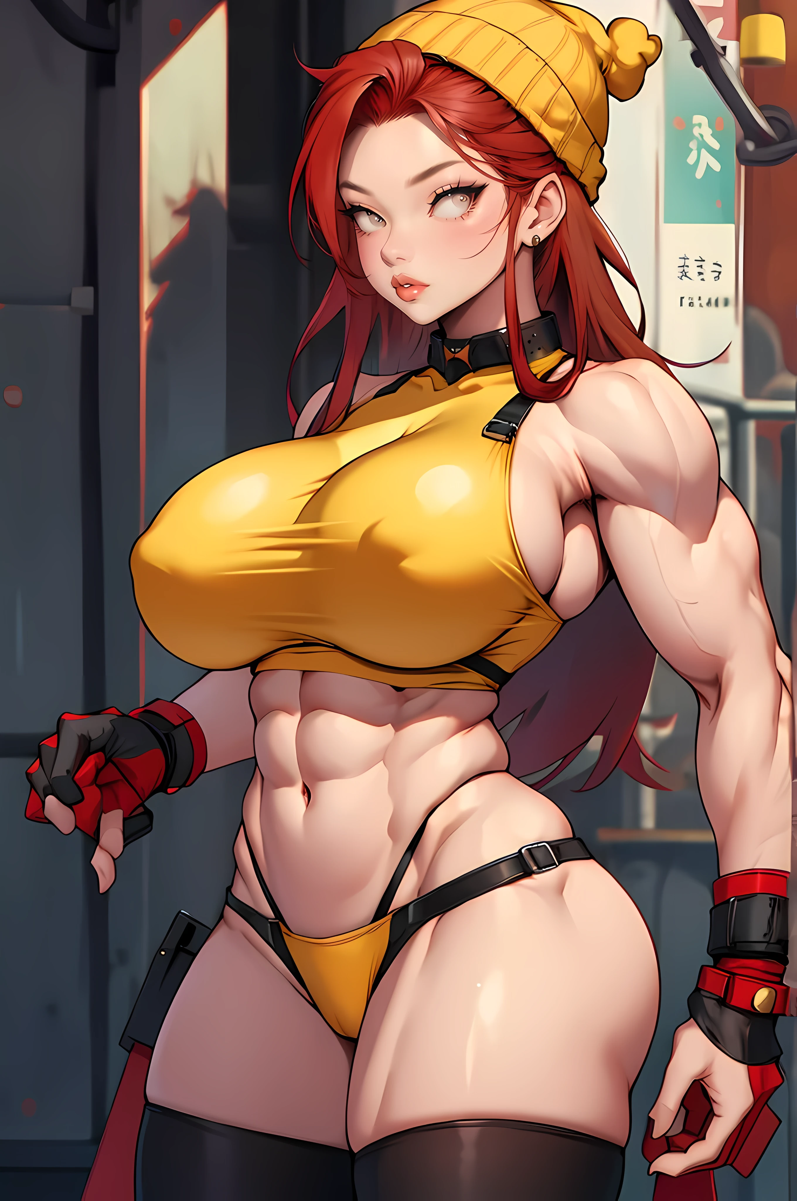 1 woman, (((Huge breasts))), muscular, beanie, ((long legs)) , red hair, yellow eyes,