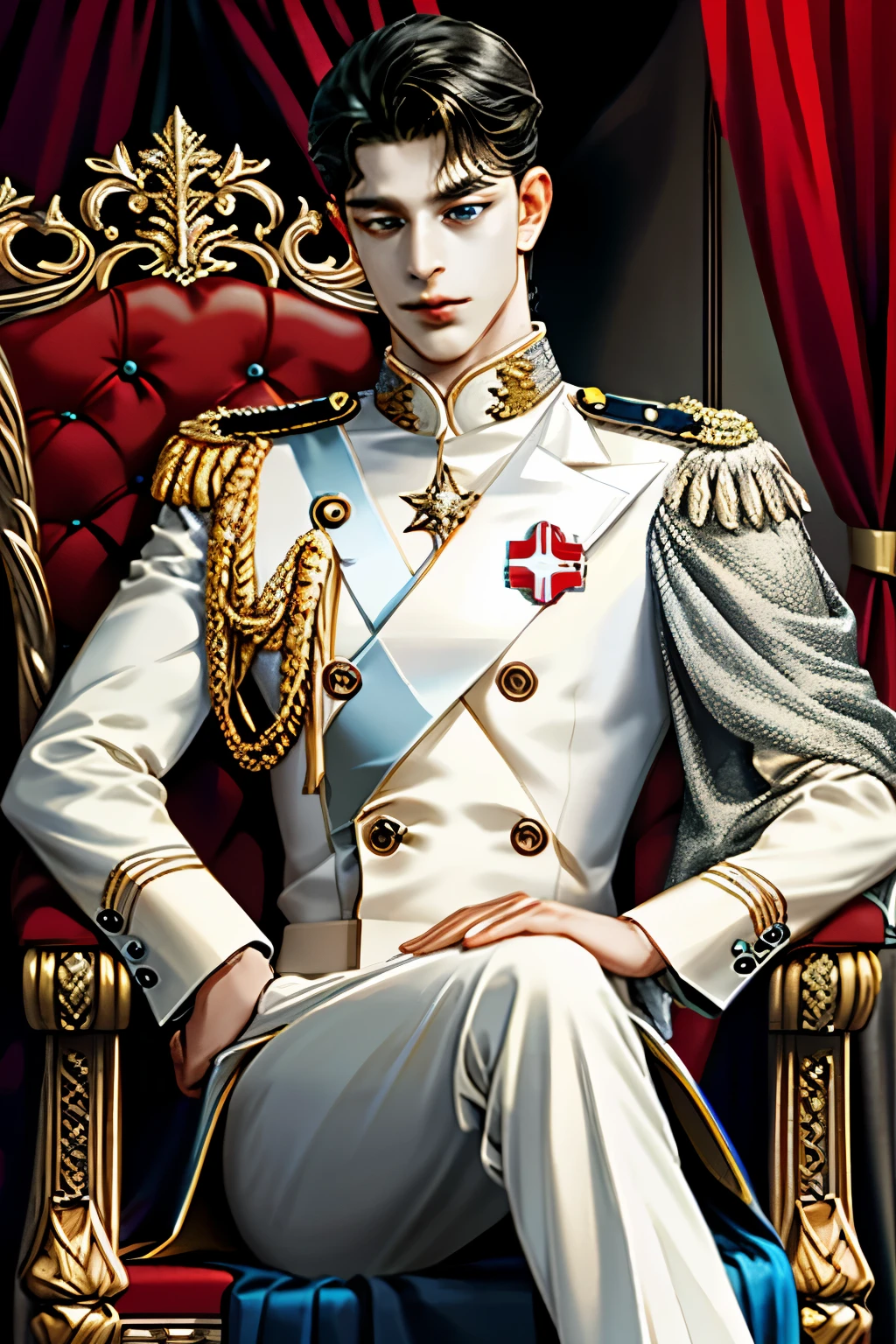 Handsome prince in uniform with black hair sitting on a throne with uniform