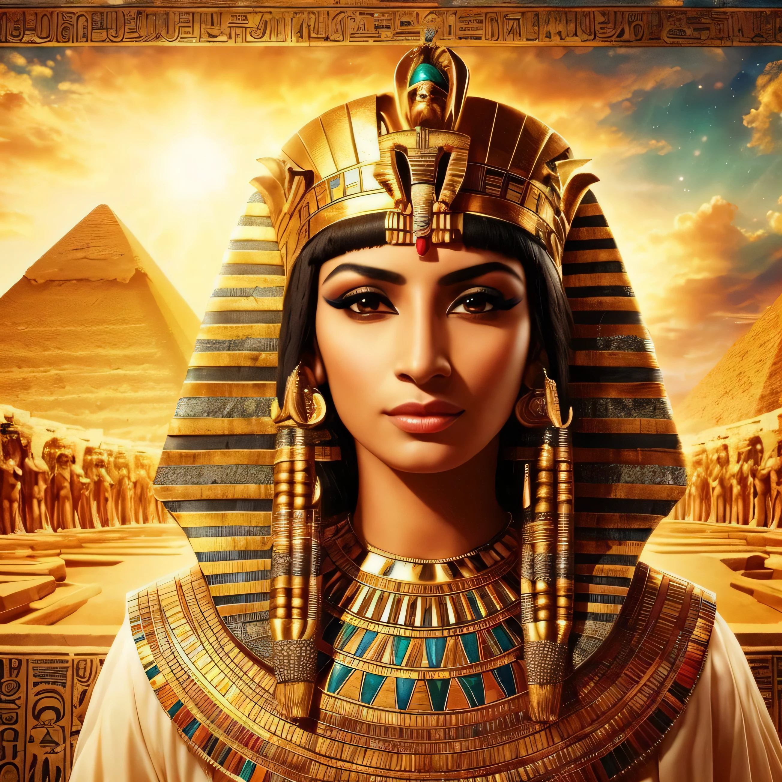 an egyptian woman with a golden headdress and a golden dress, beautiful cleopatra, egyptian princess, cleopatra portrait, egyptian, pharaoh, cleopatra, egypt god, pharoah, ancient egyptian, egyptian art, ancient egypt, egyptian style, wearing an egyptian crown, ancient egypt painting, egyptian god, egypt themed art, ancient egypt art, egyptian makeup, egyptian mythology, beautiful goddess