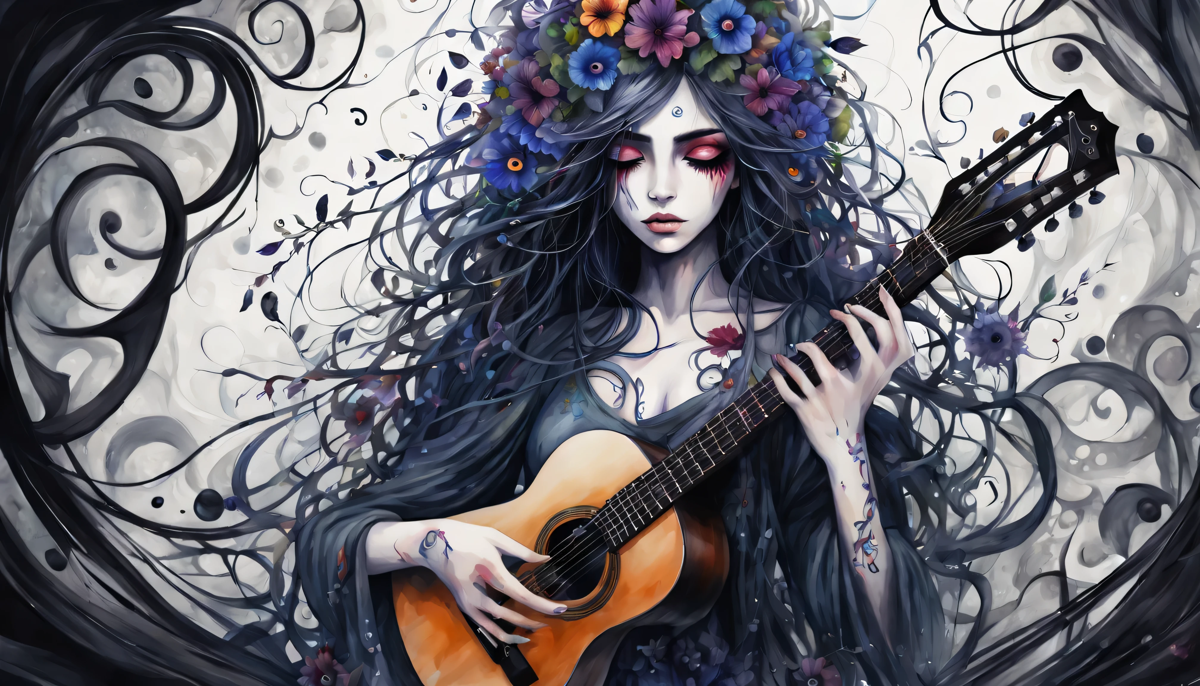 Watercolor Paint, Dangerous girl&#39;position of the center of the entire body&#39;head of, Holding a guitar, evil eye flower, vines, with the darkest splash, Focusing on dark fantasy fractal flowers, high quality, Drooping rain,the background is white、hair is combed、