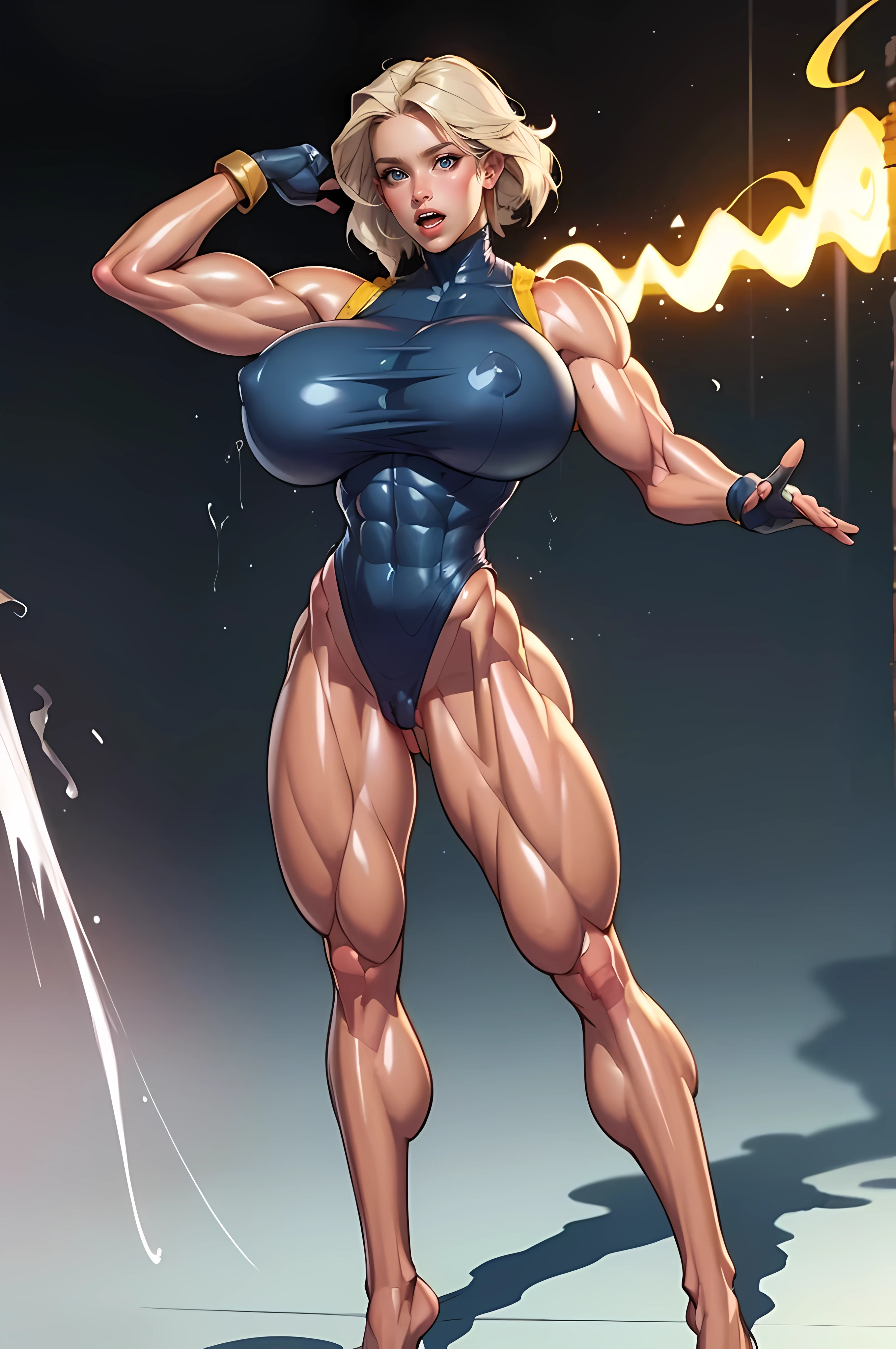 (((1 girl, cute, ((NSFW)), (((accurate anatomy))), (((Huge breasts))), ((long legs)), ((wide hips)), ((((Muscular Legs)))), (((Massive Female Bodybuilder))), (((((Huge Muscles))))), sleeveless denim jacket, white lace bra, jeans, black elbow Gloves, blond, short hair, kinky hair, side parted hair, blue eyes))), (((blond hair))),
dynamic poses, realistic style, depicting a group of characters in various action scenes, from intense battles to lighthearted moments, with dramatic speed lines and bold sound effects, capturing the excitement and energy of the story, Laser rays from the palm of hand, Attack forward with palm, stonehedge, england,