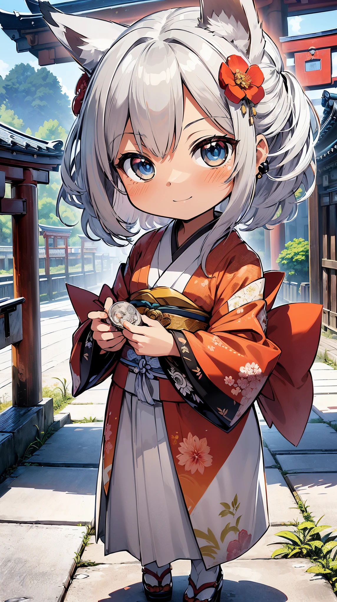 (((Masterpiece))), (((Highest quality))), ((Ultra-detailed)), ((Super fine illustration)), ((Ultra-fine painting)), (16K highest quality wallpaper:1.4), (Chibi:2.0), (Full body:1.6), HDR, (Highly detailed and delicate illustration style:1.8), Detailed skin texture, Detailed cloth texture, Extreme detailed description, (T-masterpiece), (Highly detailed face:1.2), (Highly detailed silver fox ears:1.2), (Highly detailed shiny silver half updo:1.2), (Highly detailed clear eyes:1.2), Original, RAW photo, Professional, Intricate details, Super details, Direct light:1.6, (Perfect anatomy:1.4), (Highly detailed hands:1.2), (Highly detailed fingers:1.2), (Highly detailed fingertips:1.2), (16-years-old), Real, (Solo:1.8), ((A very beautiful and cute silver fox girl who is an idol and wears a bright red long-sleeved kimono with a floral pattern:1.4)) BRAKE (Beautiful and adorable silver fox ears:1.8), (Highly detailed and delicate silver fox ears:1.4), (Beautiful and shiny silver half updo:1.6), (Highly detailed and delicate silver half updo:1.2), (Beautiful clear blue eyes that shine with great detail:1.6), (Highly detailed and delicate blue eyes:1.2), (Highly detailed face:1.4), (Smile:1.3), (Blush:1.4), (Looking at viewer:1.4), (Celebration:1.4) BRAKE (Bright red long-sleeved kimono with floral pattern:1.4), (Japanese traditional costume:1.2) BRAKE (Concept art:1.2), (Detailed fantasy art:1.2) BRAKE (Just after noon:1.4), (Very detailed and beautiful Ise Grand Shrine in Mie Prefecture just after noon in the background:1.6), (Standing in front of the torii gate:1.4), (Celebration:1.4), Ise Grand Shrine:1.4, Torii gate of Ise Shrine:1.4, Very beautiful in the sunny sky background just after noon:1.4 BRAKE