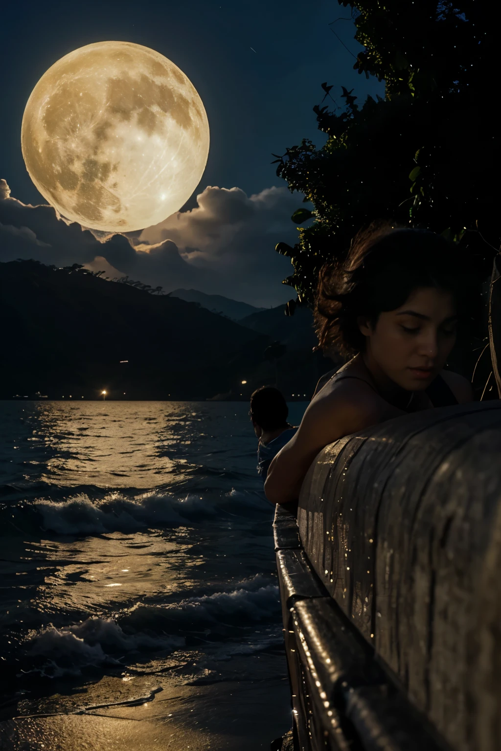 Pessoas voando em torno de uma lua cheia 