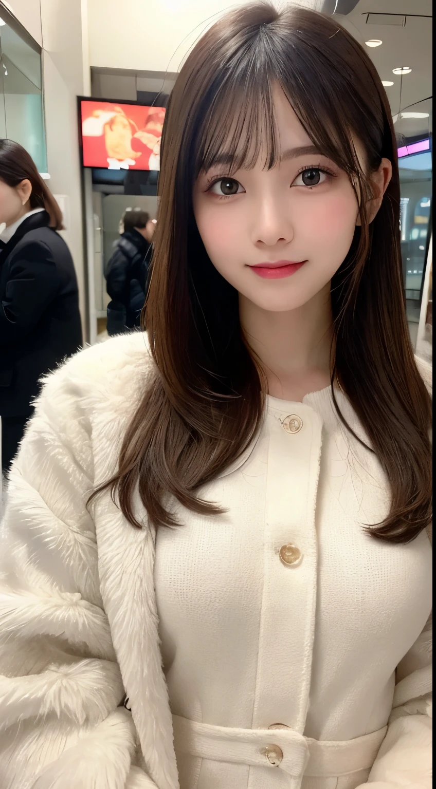 table top, highest quality, shape, Super detailed, finely, High resolution, 8k wallpaper, 完璧なダイナミックな構shape, beautiful and detailed eyes, Tokyo trend knit dress, small breasts, natural color lip,cute smile,20 year old girl、beautiful and detailed face、perfect and beautiful face,Big eyes、Wear fluffy black outerwear with fur、beautiful detailed face、perfect and beautiful double eyelids、blur the background、perfect and beautiful face、Feminine poses、blur the background、slim face and style、Blur background、messy hair、straight hair、Tokyo Station、Wearing a luxurious mink coat