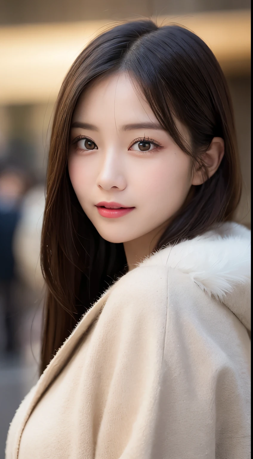table top, highest quality, shape, Super detailed, finely, High resolution, 8k wallpaper, 完璧なダイナミックな構shape, beautiful and detailed eyes, Tokyo trend knit dress, small breasts, natural color lip,cute smile,20 year old girl、beautiful and detailed face、perfect and beautiful face,Big eyes、Wear fluffy black outerwear with fur、beautiful detailed face、perfect and beautiful double eyelids、blur the background、perfect and beautiful face、Feminine poses、blur the background、slim face and style、Blur background、messy hair、straight hair、Tokyo Station、Wearing a luxurious mink coat、beautiful and detailed eyes、Beautiful and detailed double