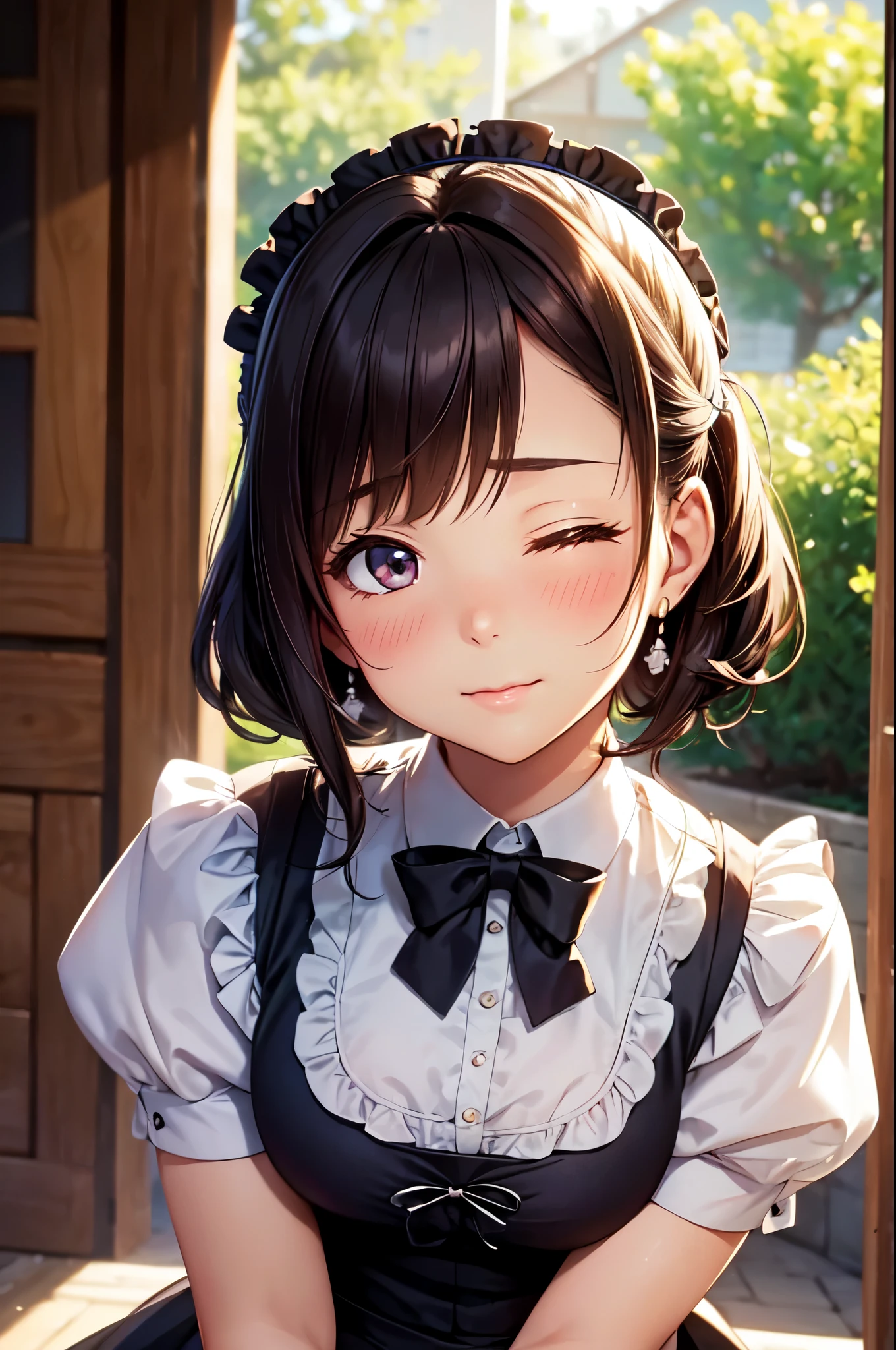 (High quality, High resolution, Fine details), Anime Style, (Kissing face:1.3), (Victorian Maid Dress), solo, curvy women, (Close eyes:1.2), blush, soft lips, Sweat, Oily skin, (Front view:1.4), (Focus on Face:1.6), (Tilt Head:1.3), shallow depth of field, natural sunlight, soft and warm lighting, subtle shadows, romantic atmosphere