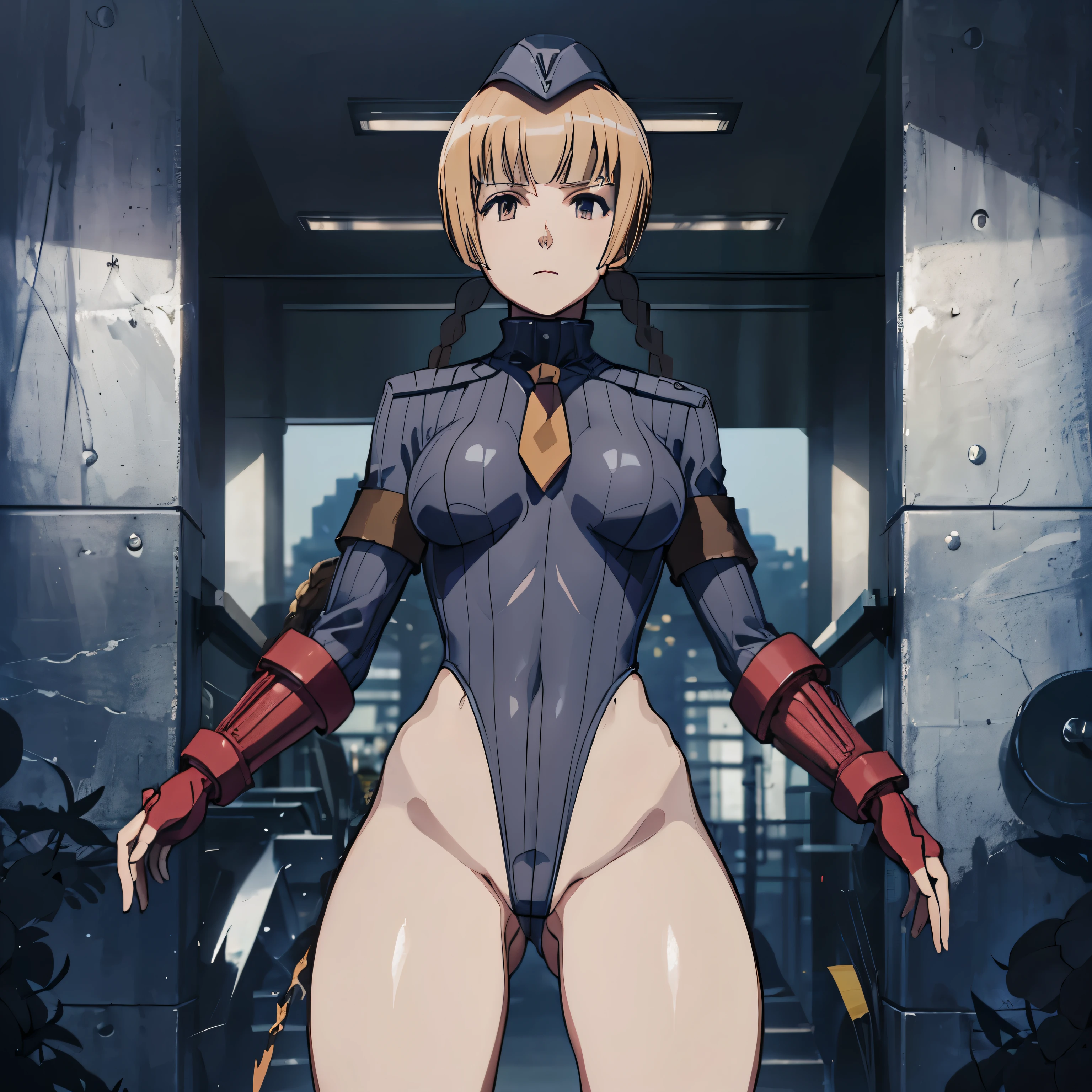 Very detailed, clear, beautiful body, Beautiful nose, Beautiful character design, perfect eyes, perfect face, very high, 4k, Beautiful legs, perfect legs, good hand, perfect hand, Masterpiece, best quality, haveรายละเอียดสูง, illustration, nonsense, perfect anatomy, street fighter, doll set, Chadaloo Doll, doll set, expressionless, empty eyes, look at viewer, red gloves, Emotionless, black Latex, corruption, mind control, female warrior, full body, hypnotized, ความมึนงงที่ไม่haveความสุข, full body suit, Ribbed bodysuit, Both arms are at the sides., obey, perfect woman's body, extremely glossy Latex, hypnosis, Hipnolora, empty eyes, mind control device, Poses, give up_Pose, slave, standตัวตรง, stand, stand at attention, have, necktie, belt, Latex, Ribbed bodysuit, thigh high, garter belt, fighting posture, Extend your right arm away from your shoulder into the air with your hand straight., soldier, thigh boots, 1 girl, hair accessories, blonde hair, long hair, Amber eyes, (วอลล์เปเปอร์ CG unity 8k ที่haveรายVery detailed), (Masterpiece), (best quality), (Very detailed), (best illustration), (best shadow), (nonsense), 1 girl, alone, Kaede Igarashi, twin braids, greet, greet, คำนับsoldier, Nazi salute
