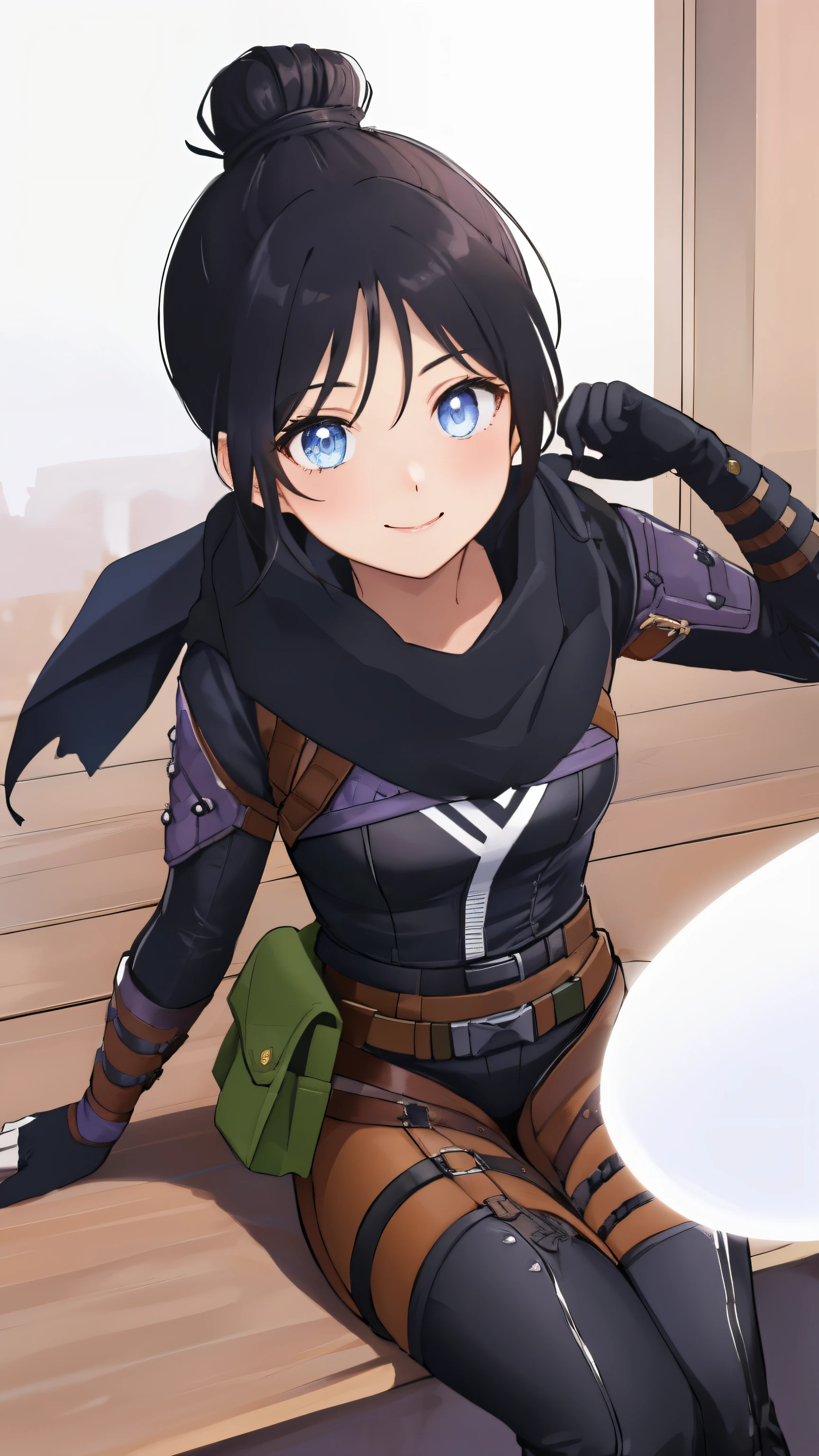 (table top, highest quality:1.2), Ghost (apex legend), 1 girl, alone, シングルヘアbun hair, bun hair, body suit, scarf, 黒のbody suit, holding, chest, black hair, Black scarf, Large chest, blue eyes, belt bag, brown belt, bangs, 分けたbangs, hair behind the ear, gloves, nose piercing, 黒いgloves, thigh strap, looking at the viewer,desert、smile